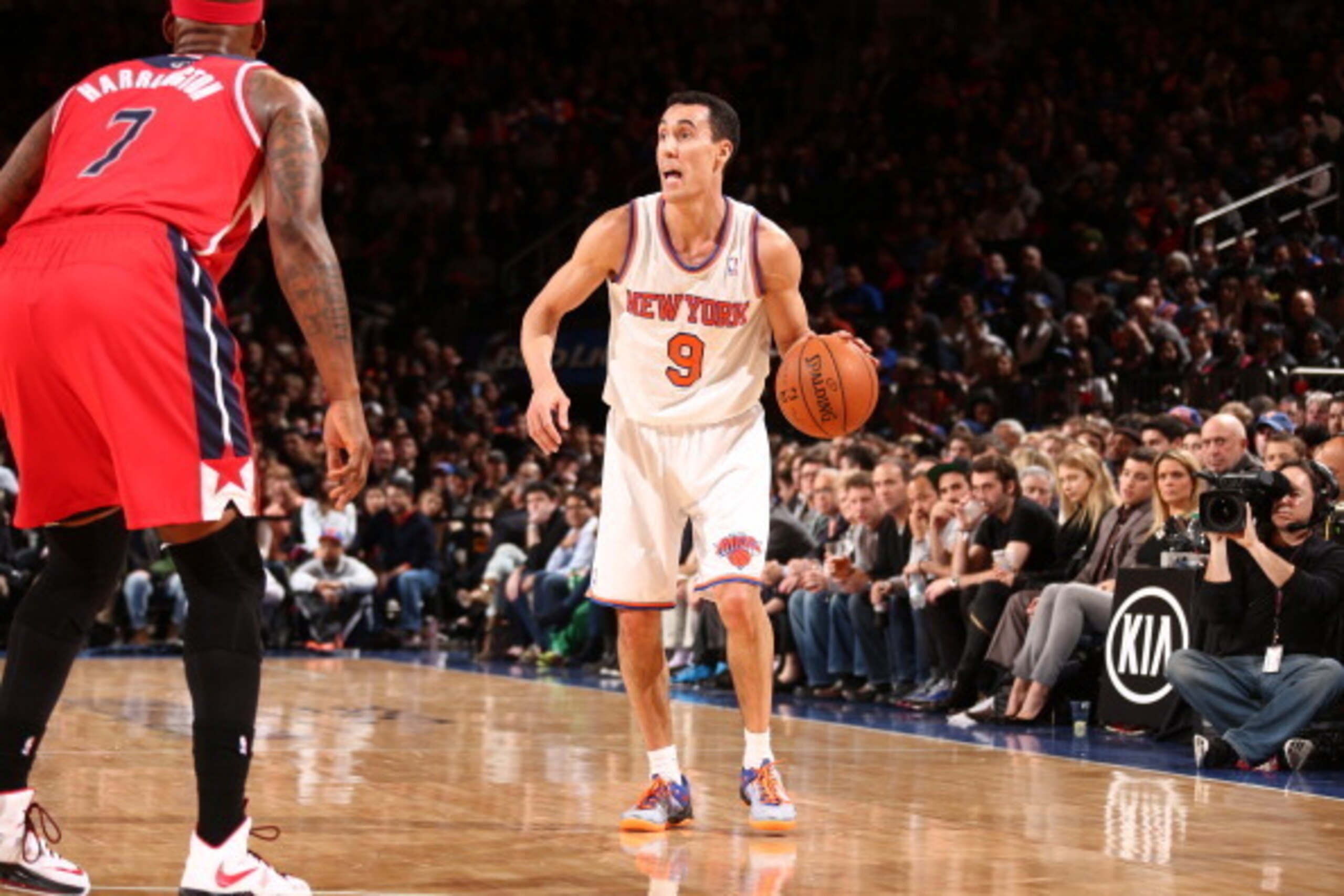 NEW YORK, NY - APRIL 4: Pablo Prigioni #9 of the New York Knicks handles the ball against the Washington Wizards during a game at Madison Square Garden in New York City. NOTE TO USER: User expressly acknowledges and agrees that, by downloading and or usin