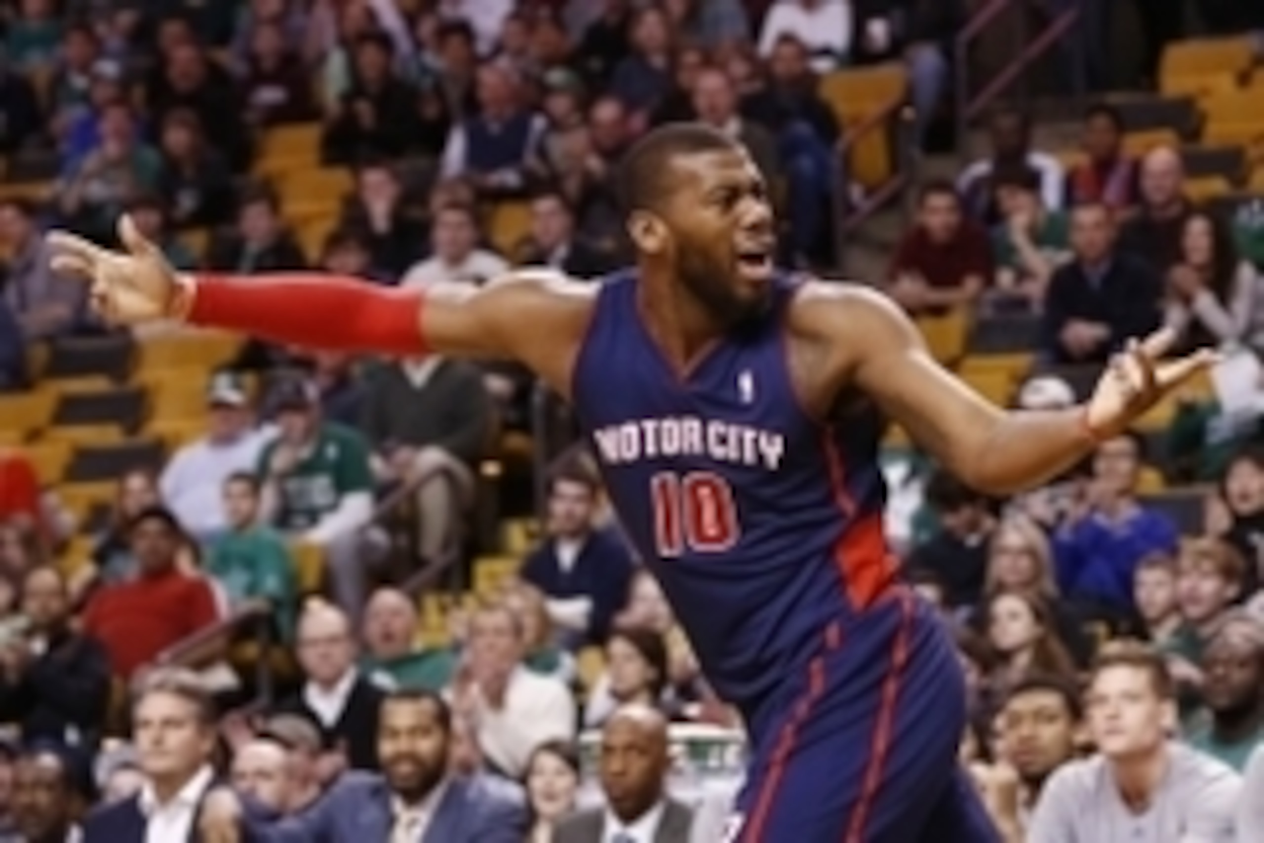 Mar 9, 2014; Boston, MA, USA; Detroit Pistons power forward Greg Monroe (10) reacts during the first half of a game against the Boston Celtics at TD Garden. Mandatory Credit: Mark L. Baer-USA TODAY Sports