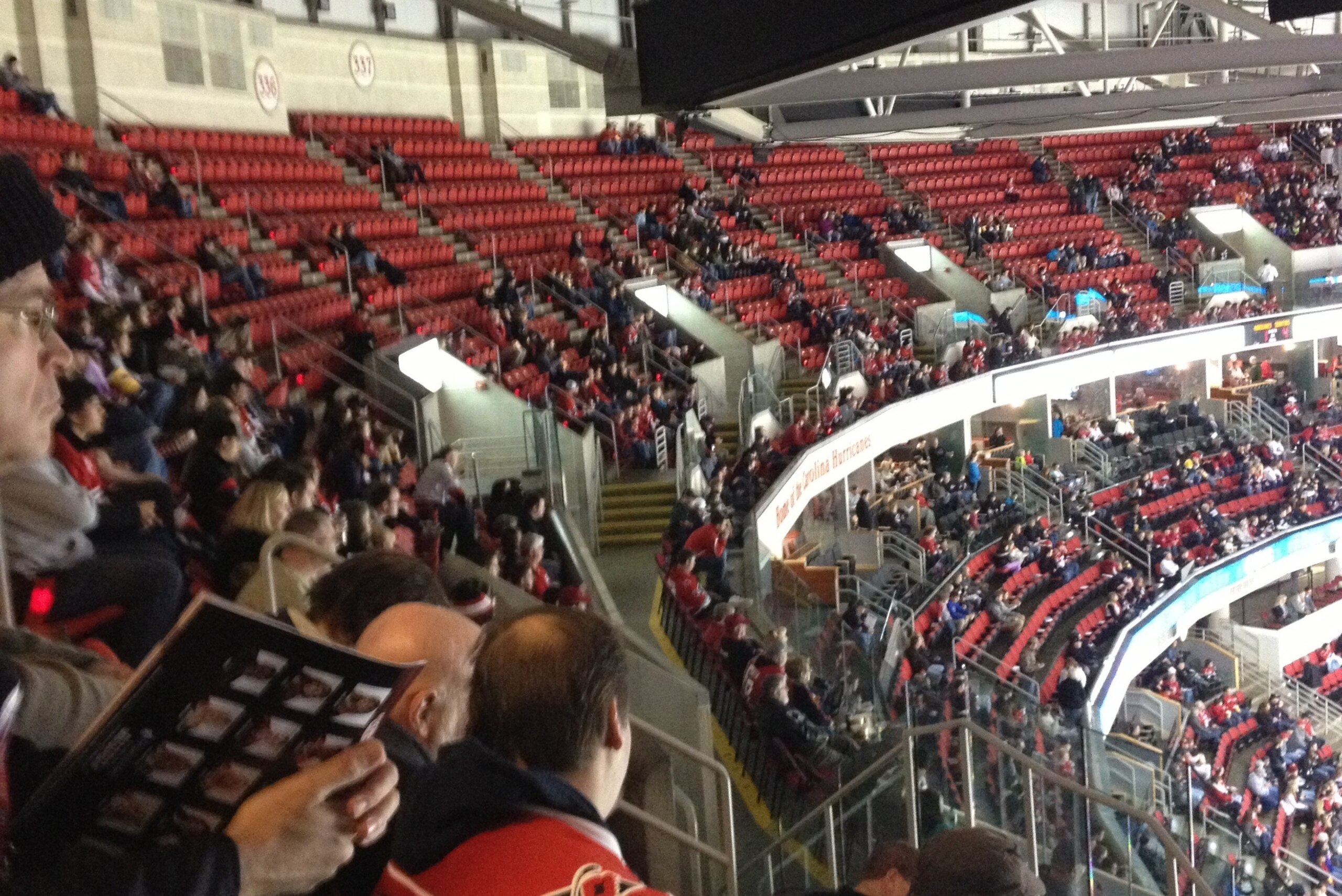 A mostly empty upper bowl at PNC Arena during one of the Hurricanes' less popular games.