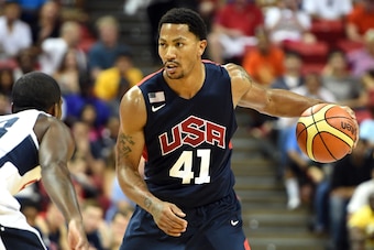 LAS VEGAS, NV - AUGUST 01:  Derrick Rose #41 of the 2014 USA Basketball Men's National Team brings the ball up the court during a USA Basketball showcase at the Thomas & Mack Center on August 1, 2014 in Las Vegas, Nevada.  (Photo by Ethan Miller/Getty Ima