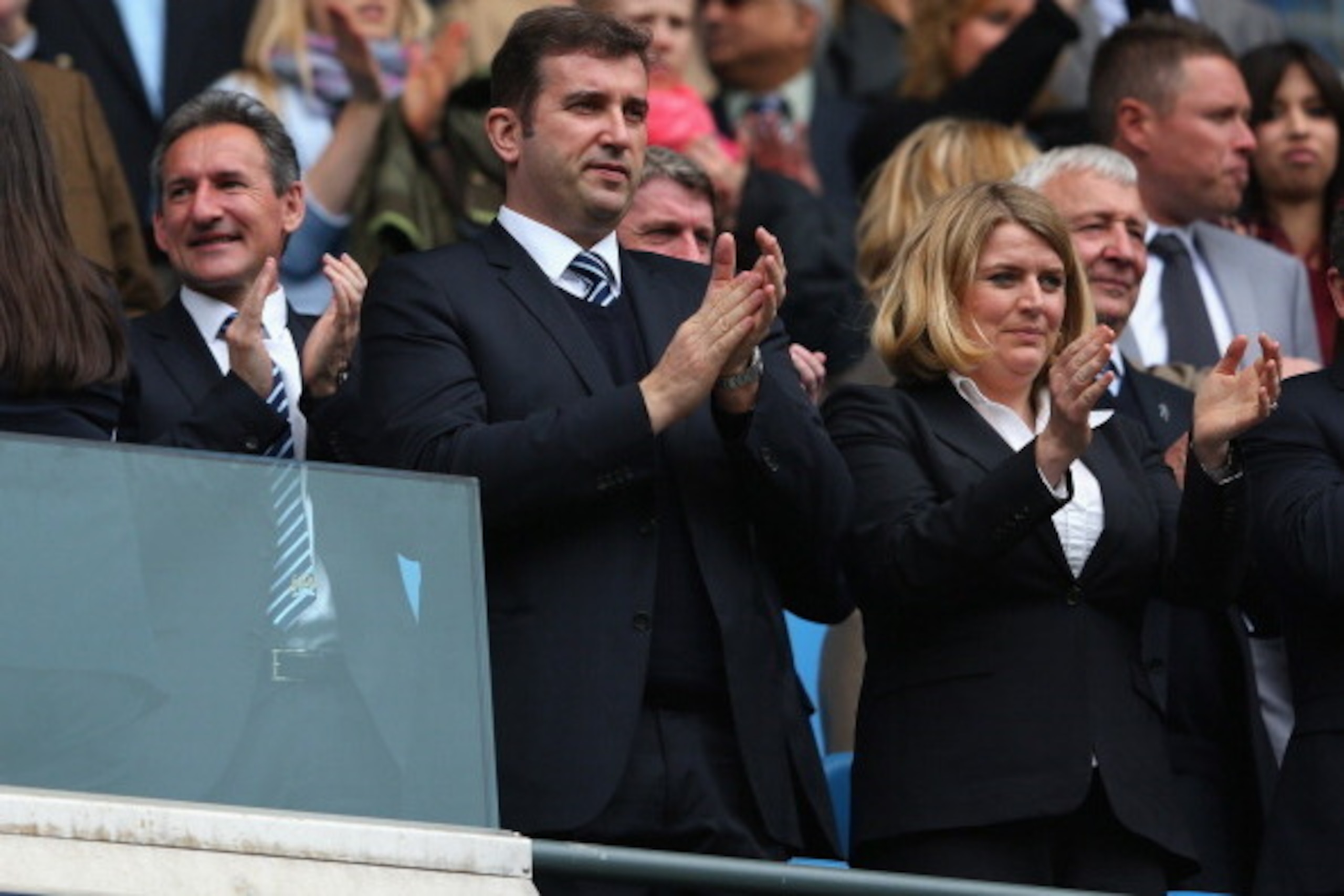 MANCHESTER, ENGLAND - MAY 19: (l-r) Txiki Begiristain the Director of Football at Manchester City, Ferran Soriano the CEO and Vicky Kloss the chief communications officer of Manchester City look on prior to the Barclays Premier League match between Manch MANCHESTER, ENGLAND - MAY 19: (l-r) Txiki Begiristain the Director of Football at Manchester City, Ferran Soriano the CEO and Vicky Kloss the chief communications officer of Manchester City look on prior to the Barclays Premier League match between Manch