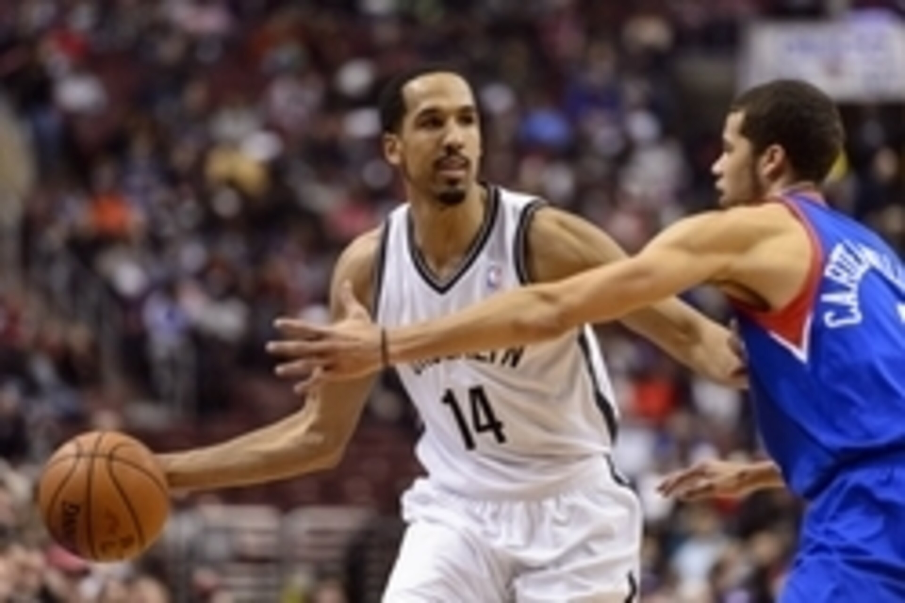 Apr 5, 2014; Philadelphia, PA, USA; Brooklyn Nets guard Shaun Livingston (14) is defended by Philadelphia 76ers guard Michael Carter-Williams (1) during the second quarter at the Wells Fargo Center. The Nets defeated the Sixers 105-101. Mandatory Credit: Apr 5, 2014; Philadelphia, PA, USA; Brooklyn Nets guard Shaun Livingston (14) is defended by Philadelphia 76ers guard Michael Carter-Williams (1) during the second quarter at the Wells Fargo Center. The Nets defeated the Sixers 105-101. Mandatory Credit: