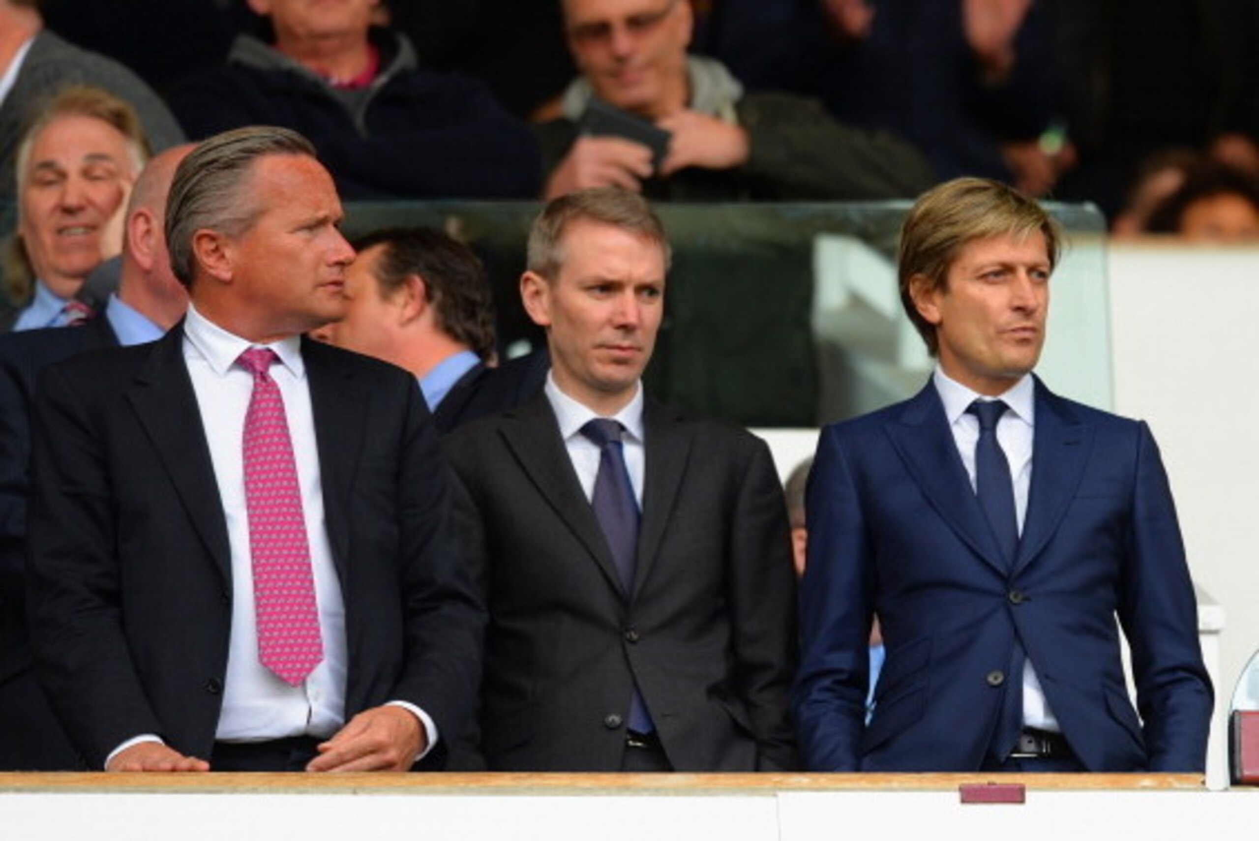 LONDON, ENGLAND - APRIL 19:  Crystal Palace sporting director Iain Moody co-chairman Steve Parish look on during the Barclays Premier League match between West Ham United and Crystal Palace at Boleyn Ground on April 19, 2014 in London, England.  (Photo by