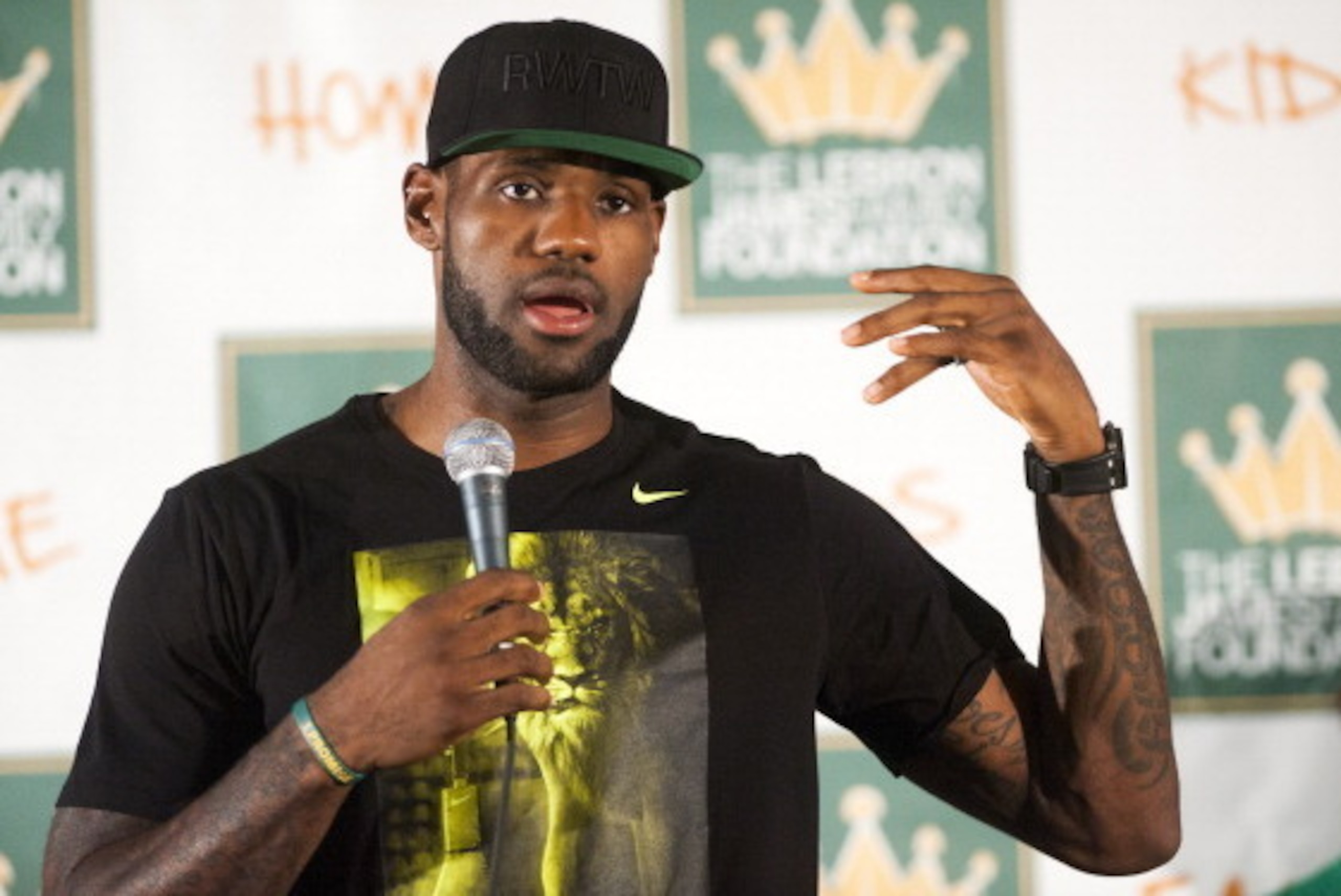 AKRON, OH - AUGUST 08: LeBron James speaks during a press conference at The University of Akron before the kickoff of his welcome ceremony at InfoCison Stadium at The University of Akron on August 8, 2014 in Akron, Ohio. (Photo by Ty Wright/Getty Images)