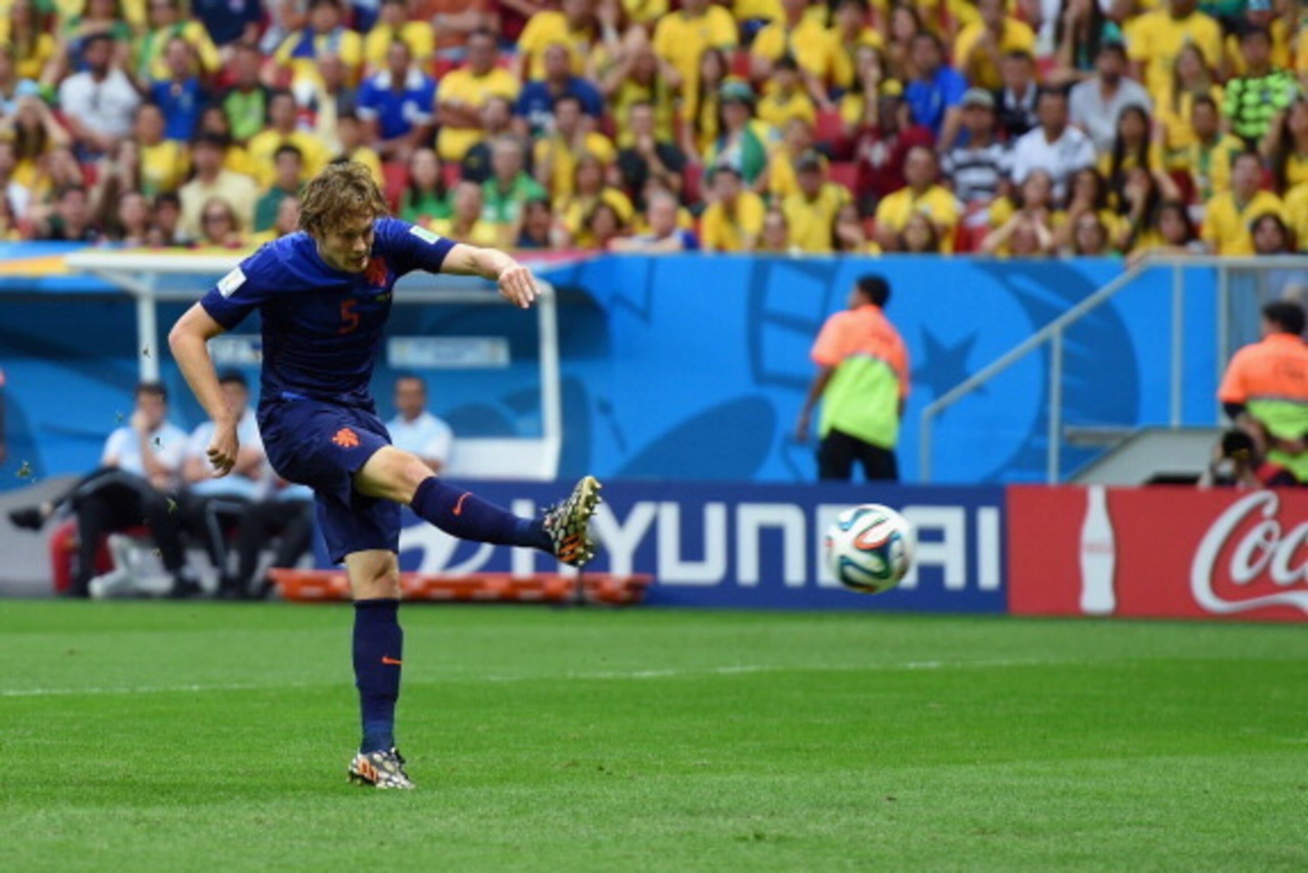 BRASILIA, BRAZIL - JULY 12: Daley Blind of the Netherlands scores his team's second goal during the 2014 FIFA World Cup Brazil Third Place Playoff match between Brazil and the Netherlands at Estadio Nacional on July 12, 2014 in Brasilia, Brazil.  (Photo b