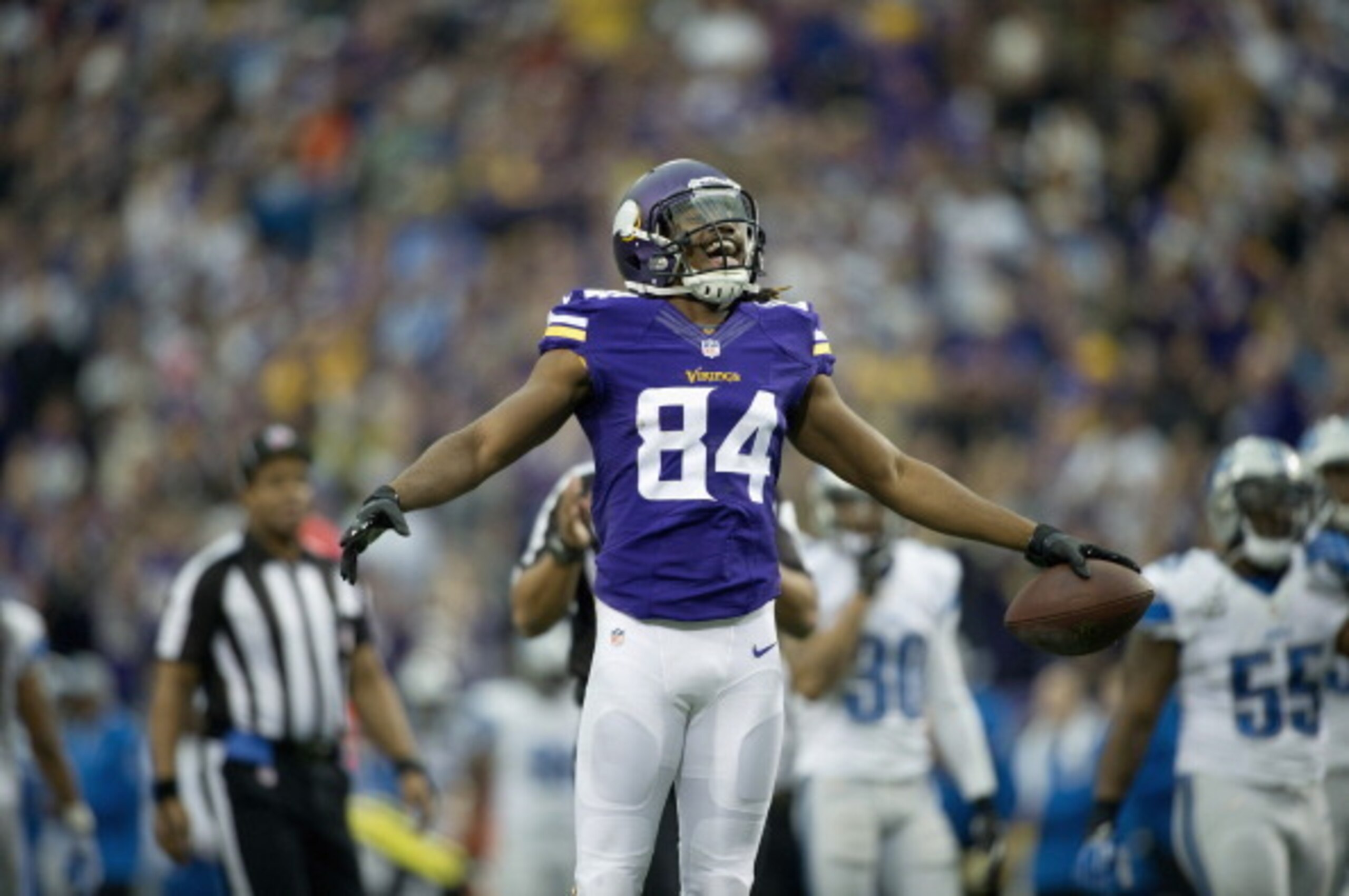 MINNEAPOLIS, MN - DECEMBER 29: Cordarrelle Patterson #84 of the Minnesota Vikings celebrates a touchdown during the game against the Detroit Lions on December 29, 2013 at Mall of America Field at the Hubert H. Humphrey Metrodome in Minneapolis, Minnesota.