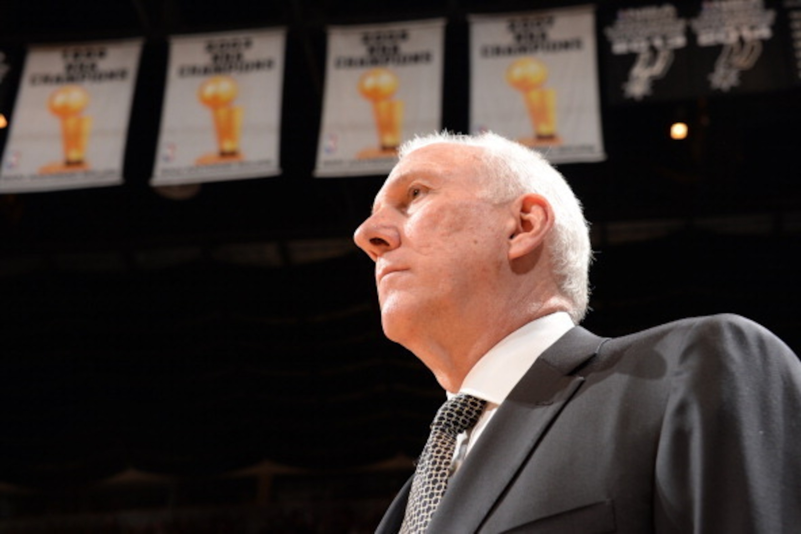 SAN ANTONIO, TX - JUNE 15: Gregg Popovich of the San Antonio Spurs before Game Five of the 2014 NBA Finals between the Miami Heat and San Antonio Spurs at AT&T Center on June 15, 2014 in San Antonio, Texas. NOTE TO USER: User expressly acknowledges and ag SAN ANTONIO, TX - JUNE 15: Gregg Popovich of the San Antonio Spurs before Game Five of the 2014 NBA Finals between the Miami Heat and San Antonio Spurs at AT&T Center on June 15, 2014 in San Antonio, Texas. NOTE TO USER: User expressly acknowledges and ag