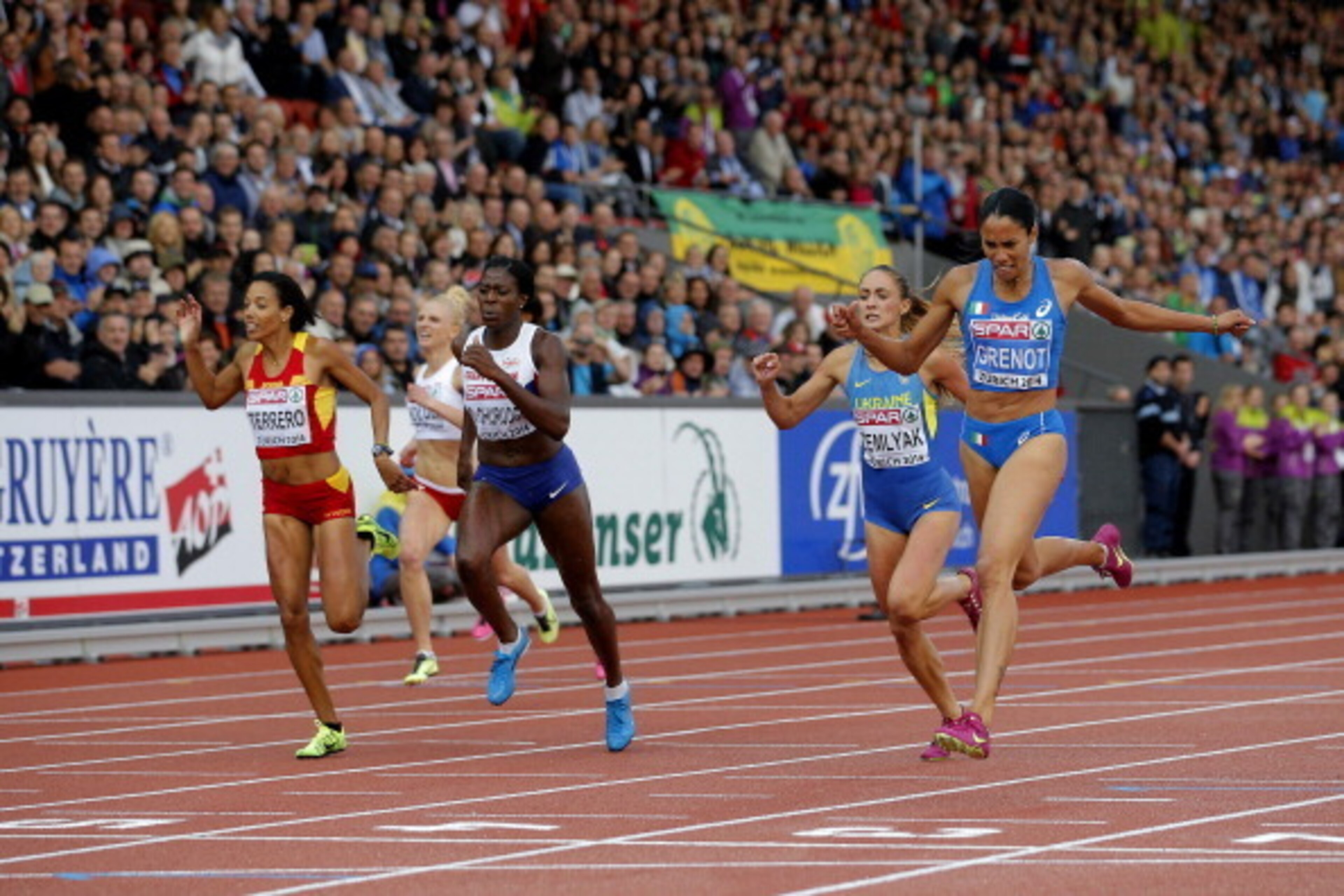 ZURICH, SWITZERLAND - AUGUST 15:  (L-R) Indira Terrero of Spain, Christine Ohuruogu of Great Britain and Northern Ireland, Olha Zemlyak of Ukraine  and Libania Grenot of Italy compete in the Women's 400 metres final during day four of the 22nd European At