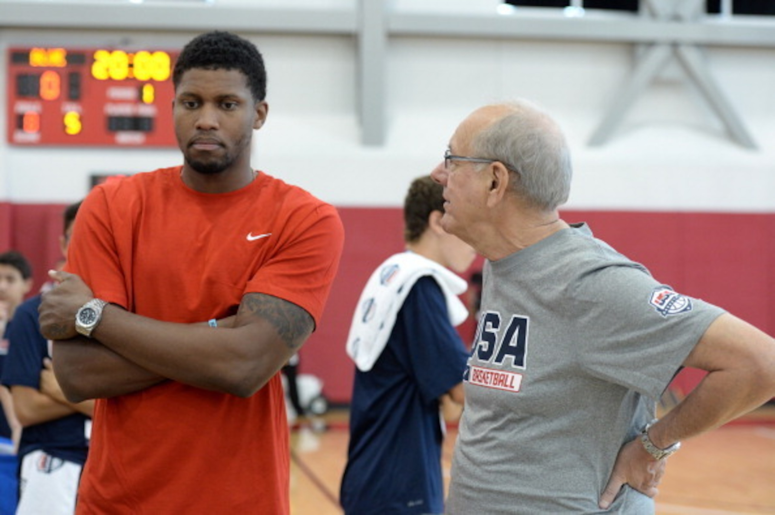 LAS VEGAS, NV - JULY 29: Rudy Gay and Jim Boeheim talk before the USA Mens Basketball practice at the Mendenhall Center at the University of Nevada, Las Vegas on July 29, 2014 in Las Vegas, Nevada. NOTE TO USER: User expressly acknowledges and agrees tha LAS VEGAS, NV - JULY 29: Rudy Gay and Jim Boeheim talk before the USA Mens Basketball practice at the Mendenhall Center at the University of Nevada, Las Vegas on July 29, 2014 in Las Vegas, Nevada. NOTE TO USER: User expressly acknowledges and agrees tha