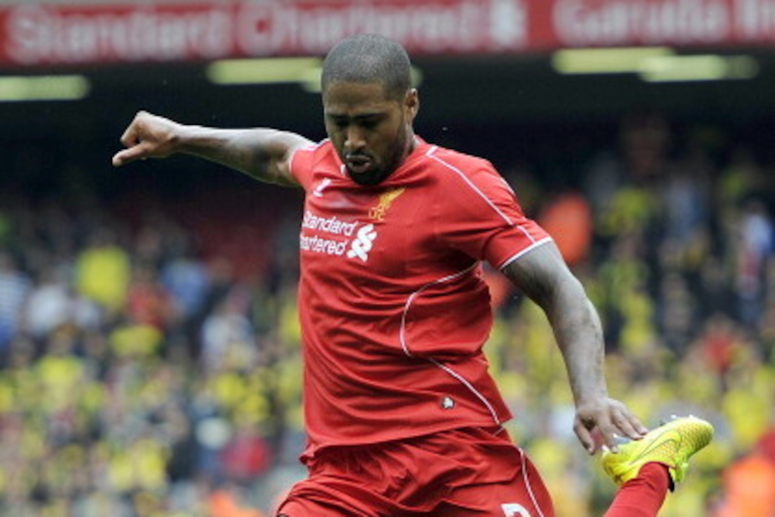 LIVERPOOL, ENGLAND - AUGUST 10: Glen Johnson of Liverpool during the Pre Season Friendly match between Liverpool and Borussia Dortmund at Anfield on August 10, 2014 in Liverpool, England. (Photo by Clint Hughes/Getty Images) LIVERPOOL, ENGLAND - AUGUST 10: Glen Johnson of Liverpool during the Pre Season Friendly match between Liverpool and Borussia Dortmund at Anfield on August 10, 2014 in Liverpool, England. (Photo by Clint Hughes/Getty Images)