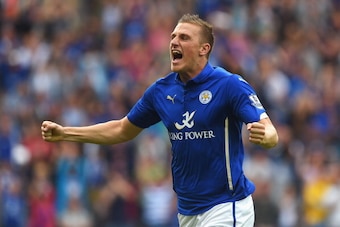 LEICESTER, ENGLAND - AUGUST 16:  Chris Wood of Leicester City celebrates his goal during the Barclays Premier League match between Leicester City and Everton at the King Power Stadium on August 16, 2014 in Leicester, England.  (Photo by Michael Regan/Gett