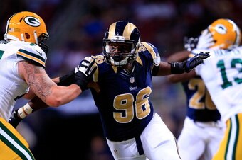 ST LOUIS, MO - AUGUST 16:  Defensive end Michael Sam #96 of the St. Louis Rams in action during the preseason game against the Green Bay Packers at Edward Jones Dome on August 16, 2014 in St Louis, Missouri.  (Photo by Jamie Squire/Getty Images)