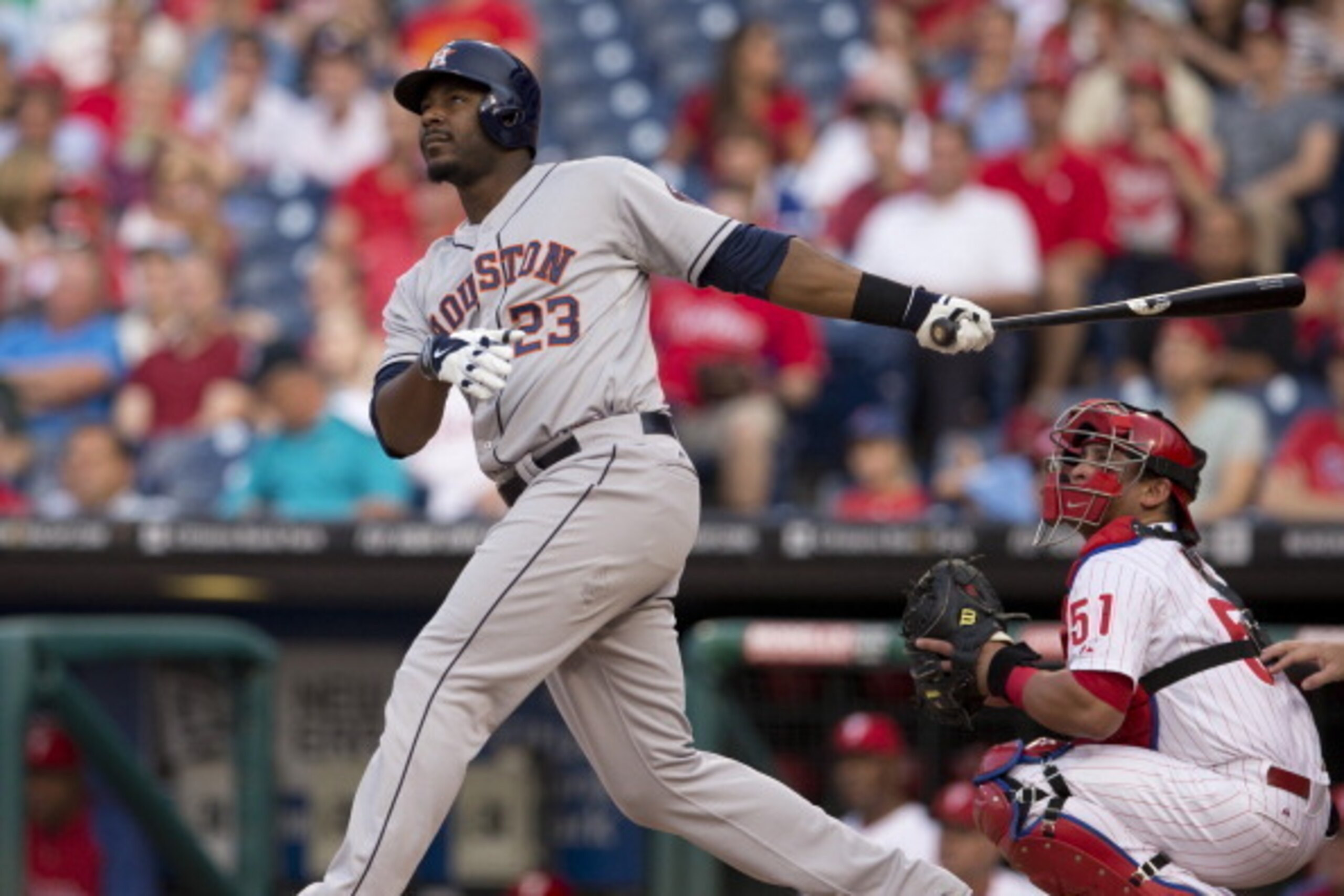 PHILADELPHIA, PA - AUGUST 7: Left fielder Chris Carter #23 of the Houston Astros hits a two-run home run in the top of the first inning against the Philadelphia Phillies on August 7, 2014 at Citizens Bank Park in Philadelphia, Pennsylvania. (Photo by Mit PHILADELPHIA, PA - AUGUST 7: Left fielder Chris Carter #23 of the Houston Astros hits a two-run home run in the top of the first inning against the Philadelphia Phillies on August 7, 2014 at Citizens Bank Park in Philadelphia, Pennsylvania. (Photo by Mit