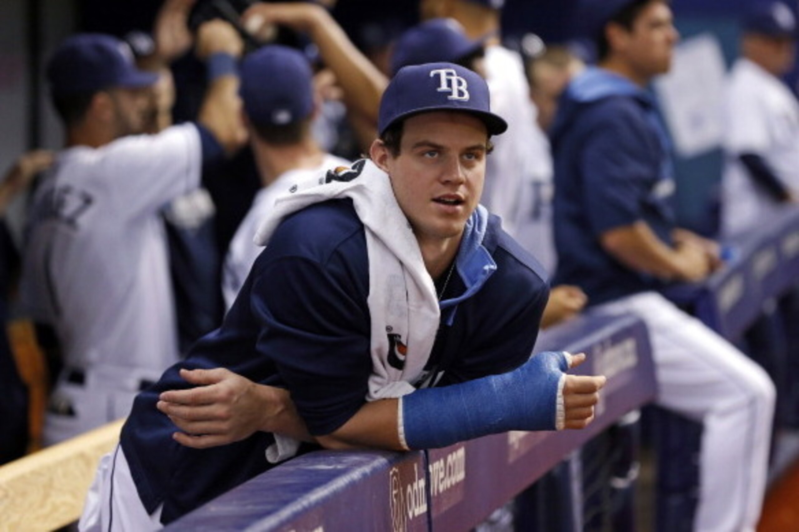 ST. PETERSBURG, FL - JUNE 4: Injured Wil Myers #9 of the Tampa Bay Rays reacts between innings of a baseball
game against the Miami Marlins at Tropicana Field on June 4, 2014 in St. Petersburg, Florida. (Photo by Mike Carlson/Getty Images) ST. PETERSBURG, FL - JUNE 4: Injured Wil Myers #9 of the Tampa Bay Rays reacts between innings of a baseball
game against the Miami Marlins at Tropicana Field on June 4, 2014 in St. Petersburg, Florida. (Photo by Mike Carlson/Getty Images)