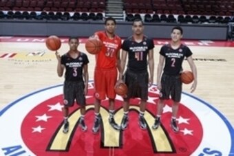 Apr 2, 2014; Chicago, IL, USA; McDonalds All Americans who will be attending University of Kentucky from left to right Tyler Ulis, Karl-Anthony Towns, Trey Lyles, and Devin Booker pose for a photo before the game at the United Center. Mandatory Credit: Br