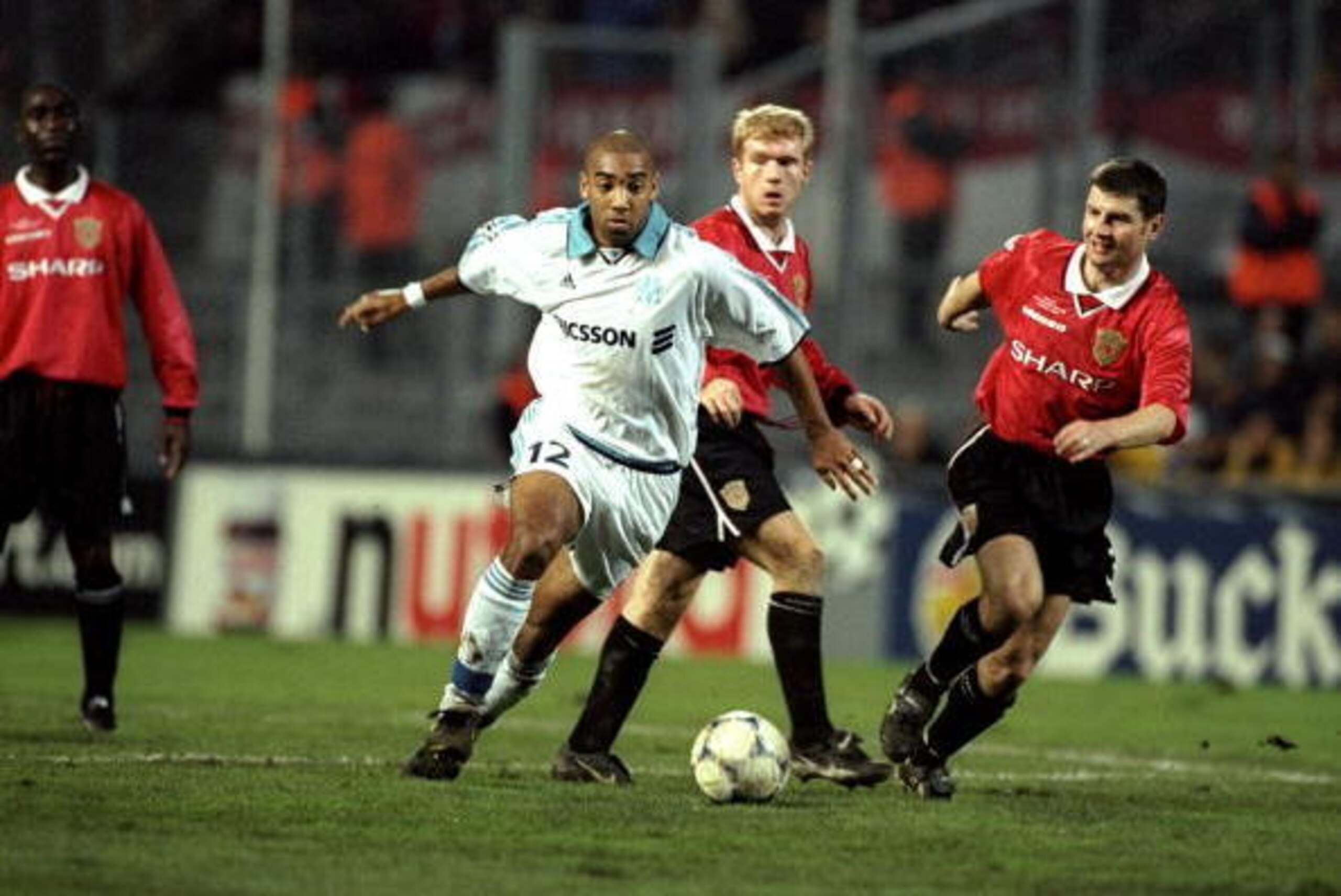 19 Oct 1999:  Stephane Dalmat of Marseille moves forward during the Champions League Group D match against Manchester United played at the Stade Velodrome, Marseille, France. The game finished in a 1-0 win for Marseille. \ Mandatory Credit: Ross Kinnaird/