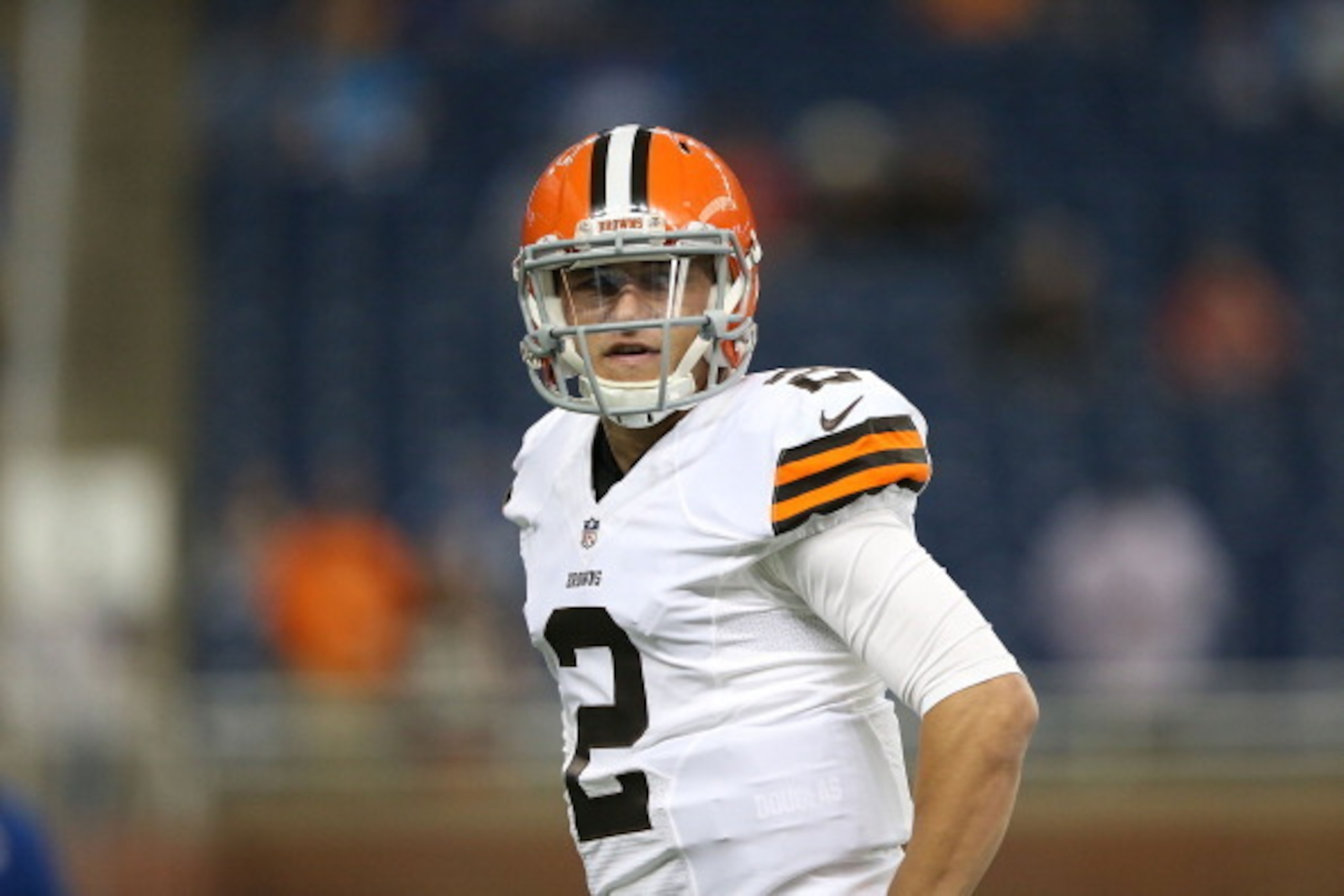 DETROIT, MI - AUGUST 09:  Johnny Manziel #2 of the Cleveland Browns warms up prior to the start of the preseason game against the Detroit Lions at Ford Field on August 9, 2014 in Detroit, Michigan. The Lions defeated the Browns 13-12 in a preseason game. 