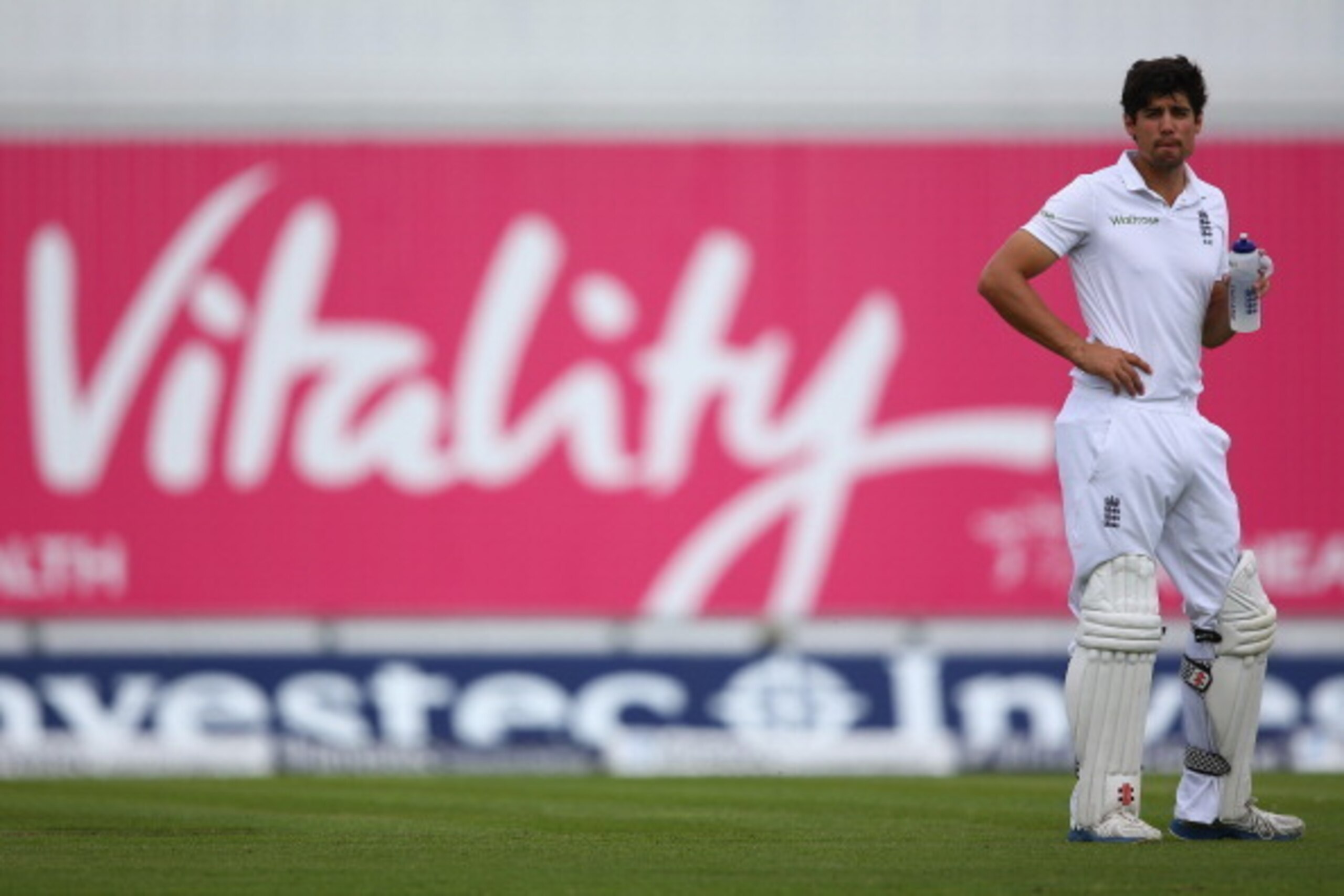 SOUTHAMPTON, ENGLAND - JULY 27: Alastair Cook of England during a drinks break during day one of the 3rd Investec Test match between England and India at the Ageas Bowl on July 27, 2014 in Southampton, England. (Photo by Michael Steele/Getty Images) SOUTHAMPTON, ENGLAND - JULY 27: Alastair Cook of England during a drinks break during day one of the 3rd Investec Test match between England and India at the Ageas Bowl on July 27, 2014 in Southampton, England. (Photo by Michael Steele/Getty Images)