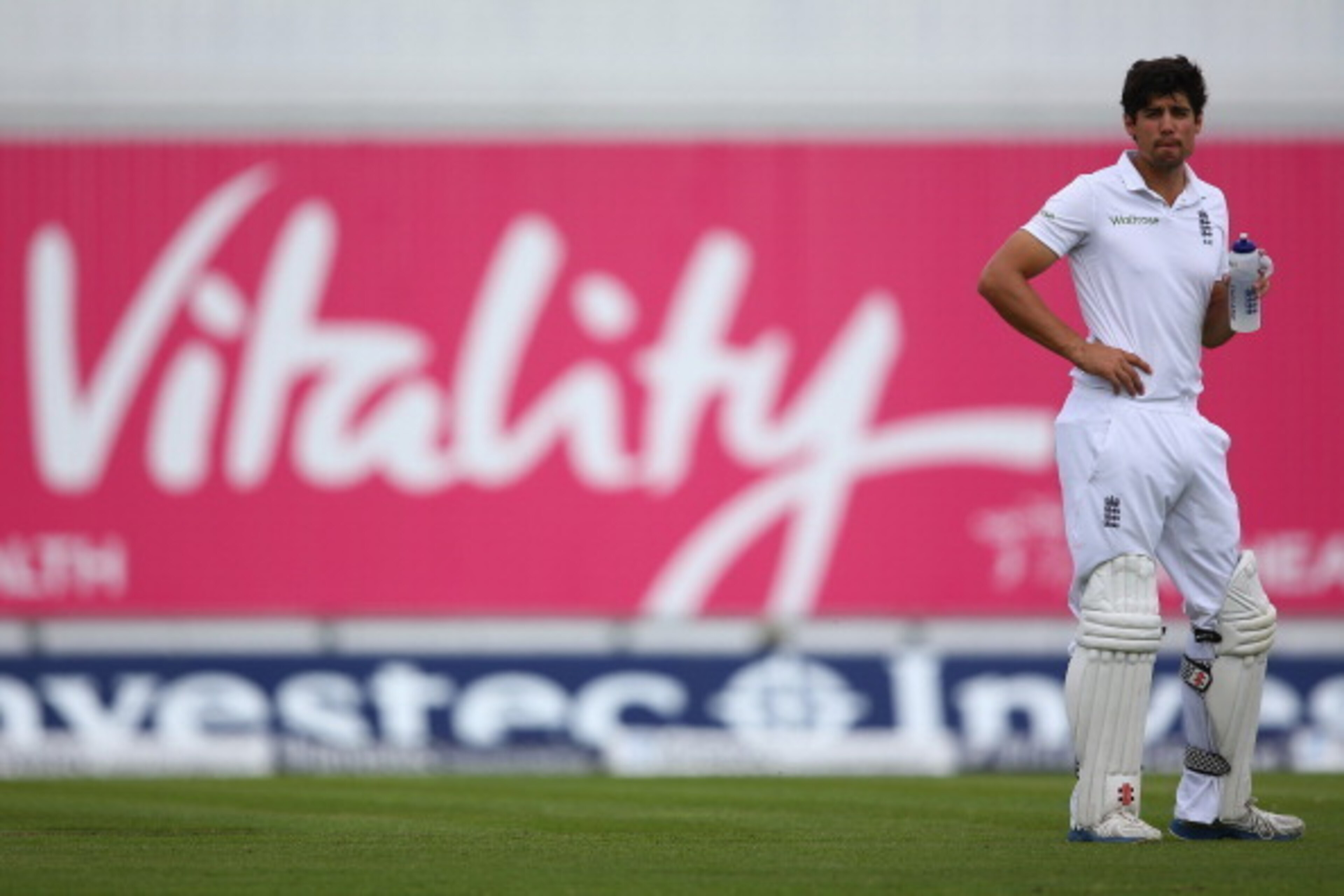 SOUTHAMPTON, ENGLAND - JULY 27:  Alastair Cook of England during a drinks break during day one of the 3rd Investec Test match between England and India at the Ageas Bowl on July 27, 2014 in Southampton, England.  (Photo by Michael Steele/Getty Images)