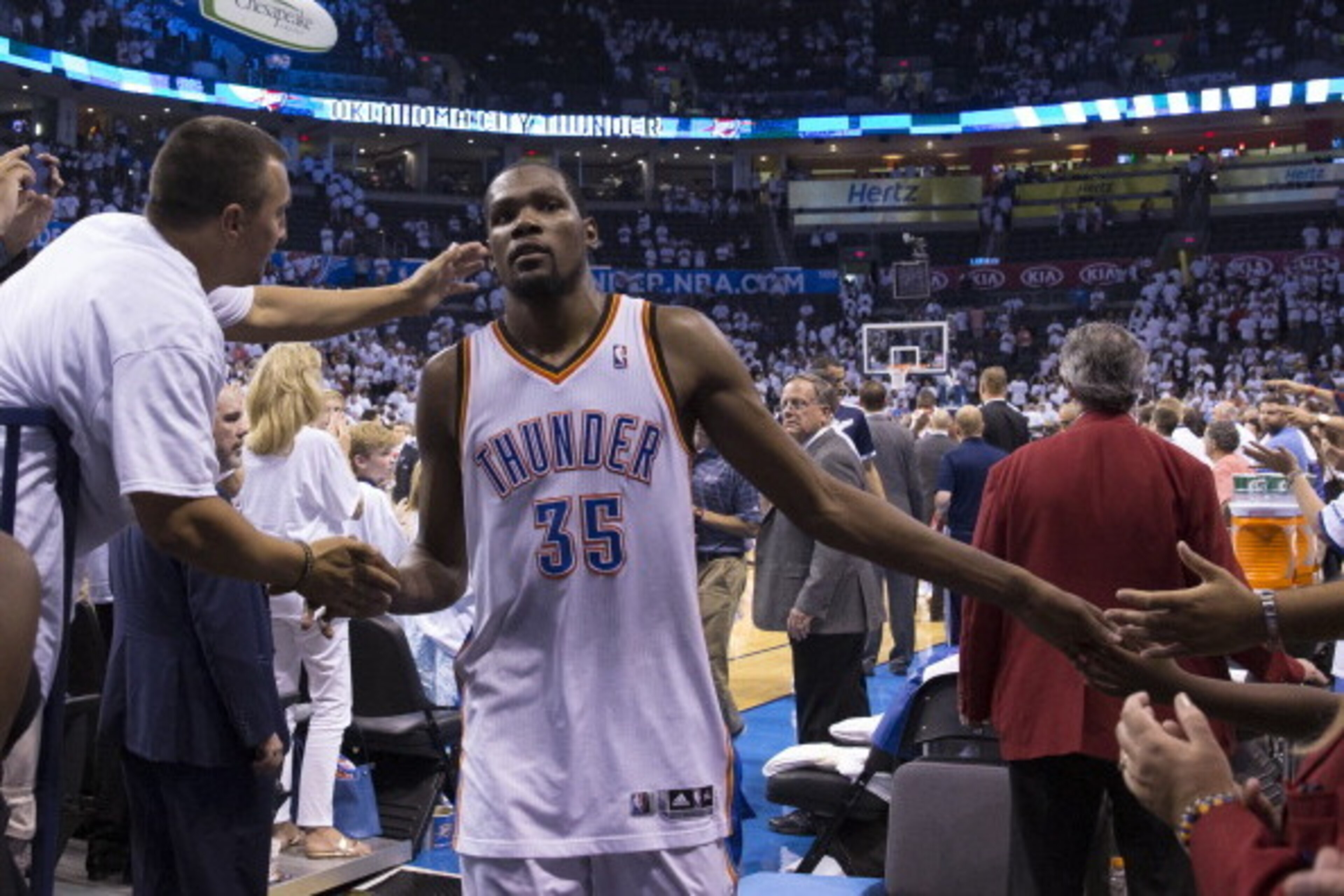 OKLAHOMA CITY, OK - May 31:  Kevin Durant #35 of the Oklahoma City Thunder walks off the court after being defeated by the San Antonio Spurs in Game 6 of the Western Conference Finals during the 2014 NBA Playoffs at the Chesapeake Arena on May 31, 2014 in