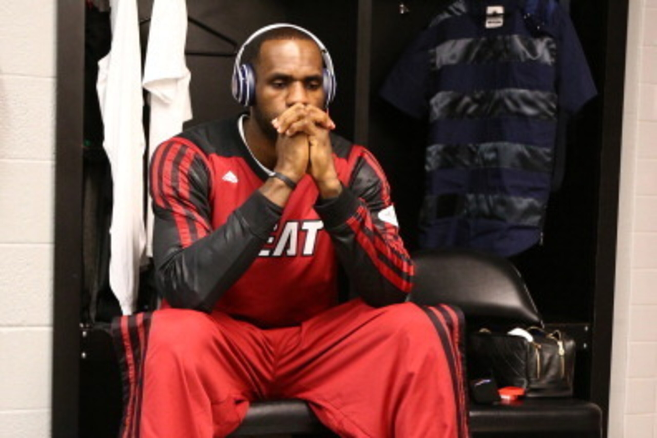 SAN ANTONIO, TX - JUNE 15: LeBron James #6 of the Miami Heat in the locker room before Game Five of the 2014 NBA Finals against the San Antonio Spurs at AT&T Center on June 15, 2014 in San Antonio, Texas. NOTE TO USER: User expressly acknowledges and agre