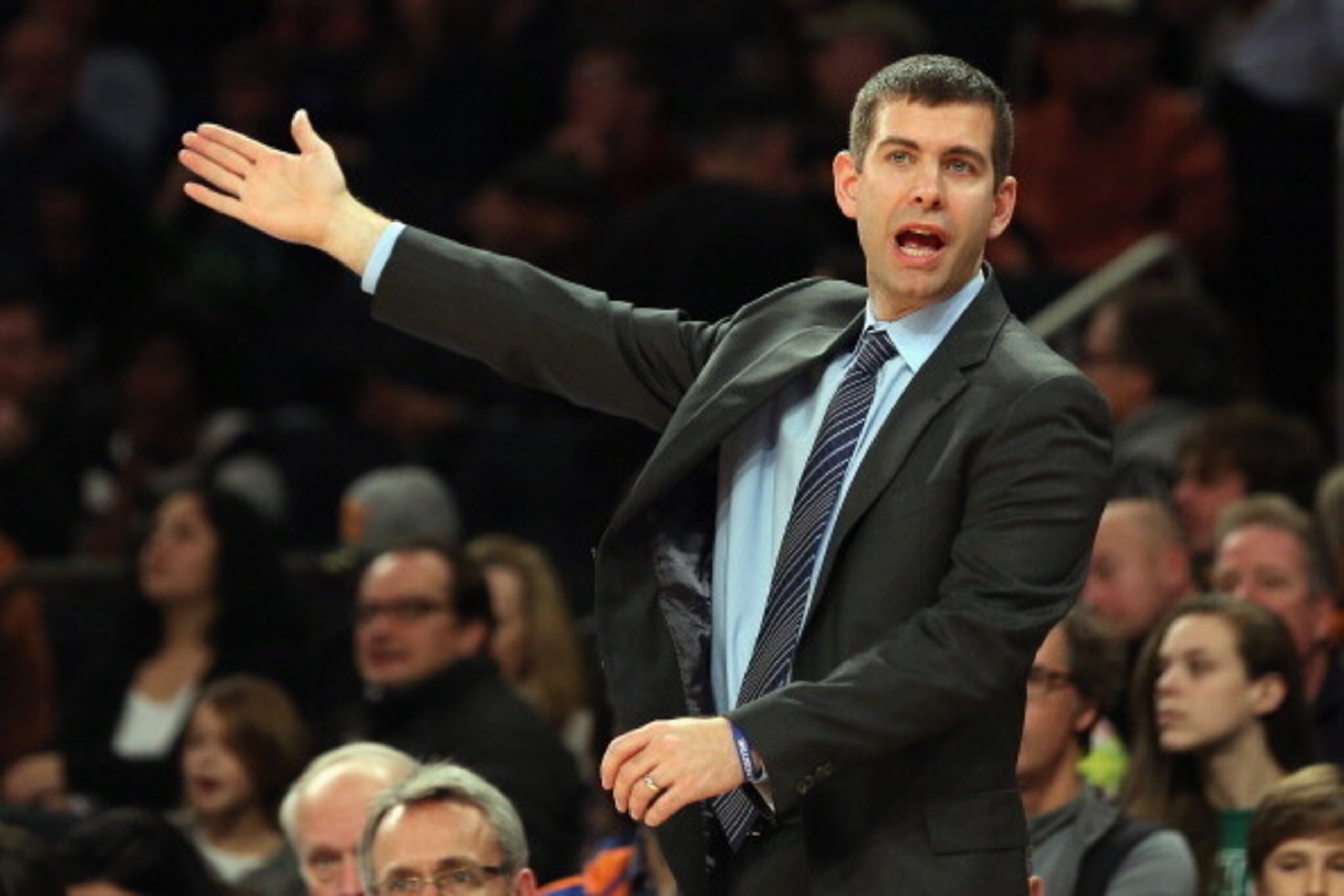NEW YORK, NY - DECEMBER 08:  Brad Stevens of the Boston Celtics handles bench duties against the New York Knicks at Madison Square Garden on December 8, 2013 in New York City. NOTE TO USER: User expressly acknowledges and agrees that, by downloading and o