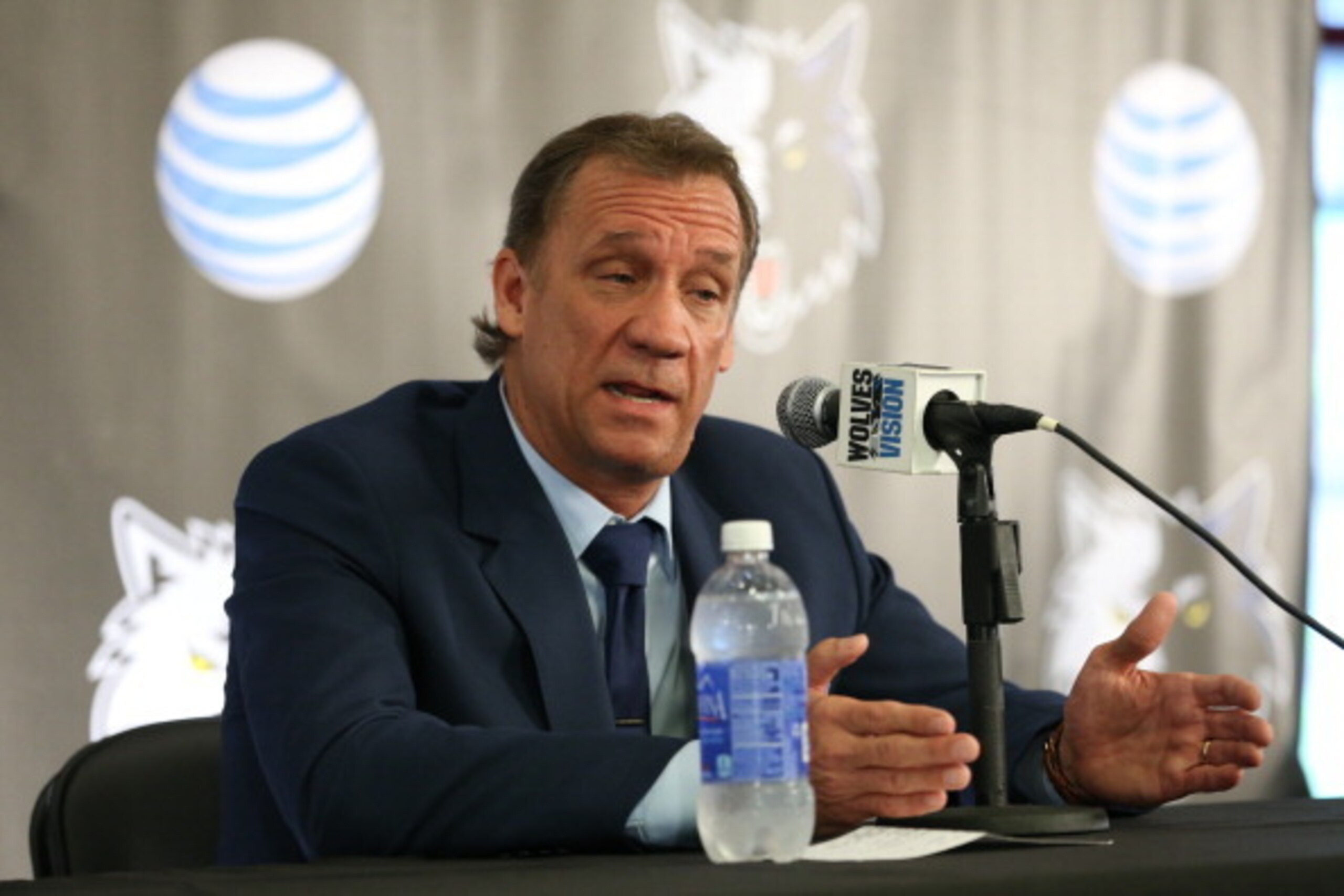 MINNEAPOLIS, MN - JUNE 6:  Phil 'Flip' Saunders, President of Basketball Operations of the Minnesota Timberwolves is named Head Coach of the team by owner Glen Taylor during a press conference on June 6, 2014 at Target Center in Minneapolis, Minnesota.  N