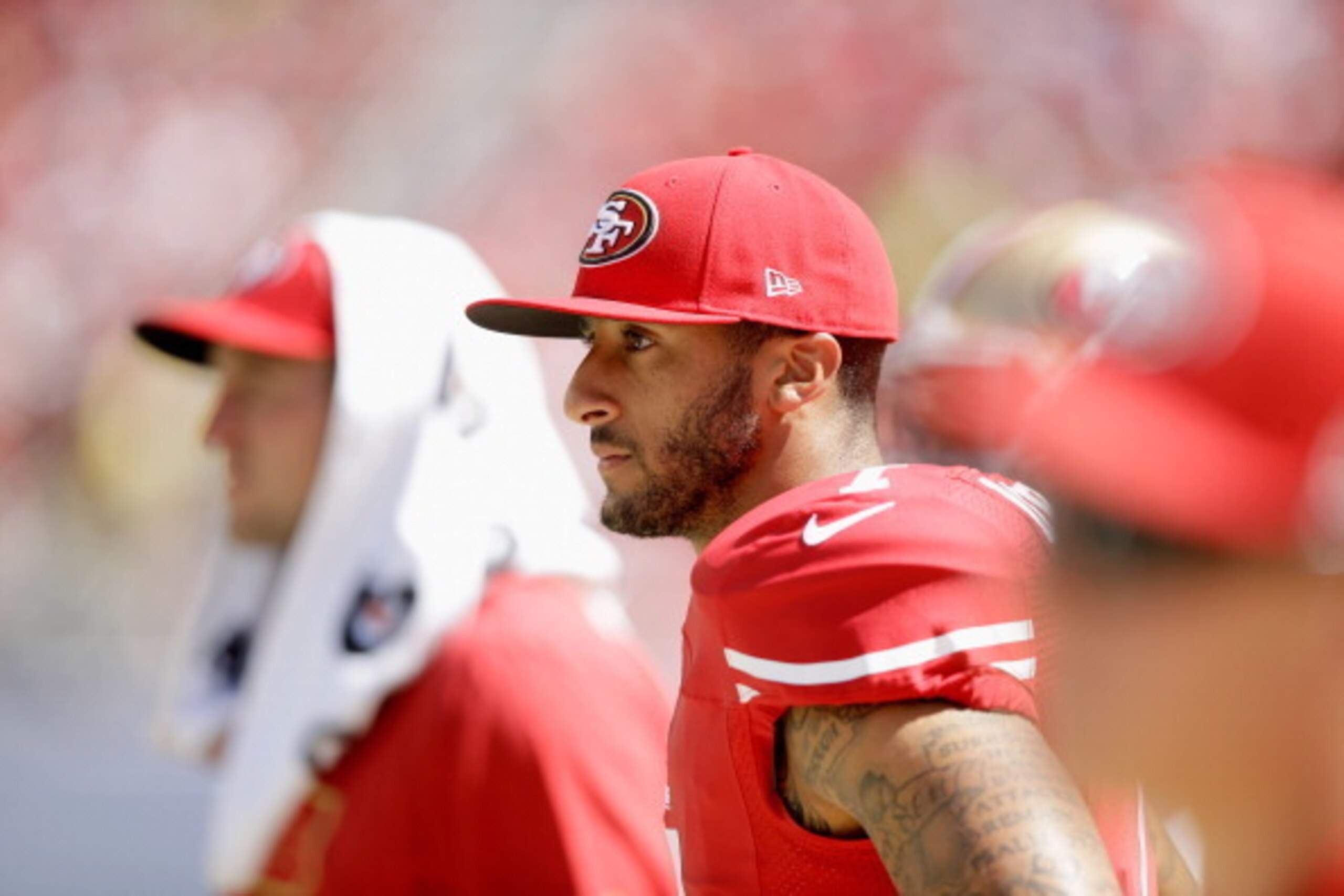 SANTA CLARA, CA - AUGUST 17:  Quarterback Colin Kaepernick #7 of the San Francisco 49ers stands on the sidelines during their preseason game against the Denver Broncos at Levi's Stadium on August 17, 2014 in Santa Clara, California.  (Photo by Ezra Shaw/G