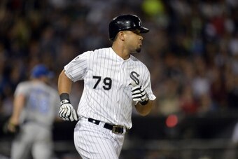 CHICAGO, IL - AUGUST 15:  Jose Abreu #79 of the Chicago White Sox runs up the first base line after hitting an RBI single scoring Gordon Beckham during the fifth inning against the Toronto Blue Jays at U.S. Cellular Field on August 15, 2014 in Chicago, Il