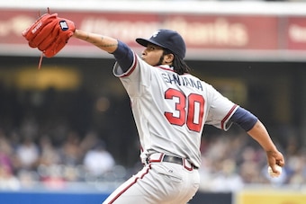 SAN DIEGO, CA - AUGUST 2:  Ervin Santana #30 of the Atlanta Braves pitches during the first inning of a baseball game against the San Diego Padres at Petco Park August 2, 2014 in San Diego, California.  (Photo by Denis Poroy/Getty Images)