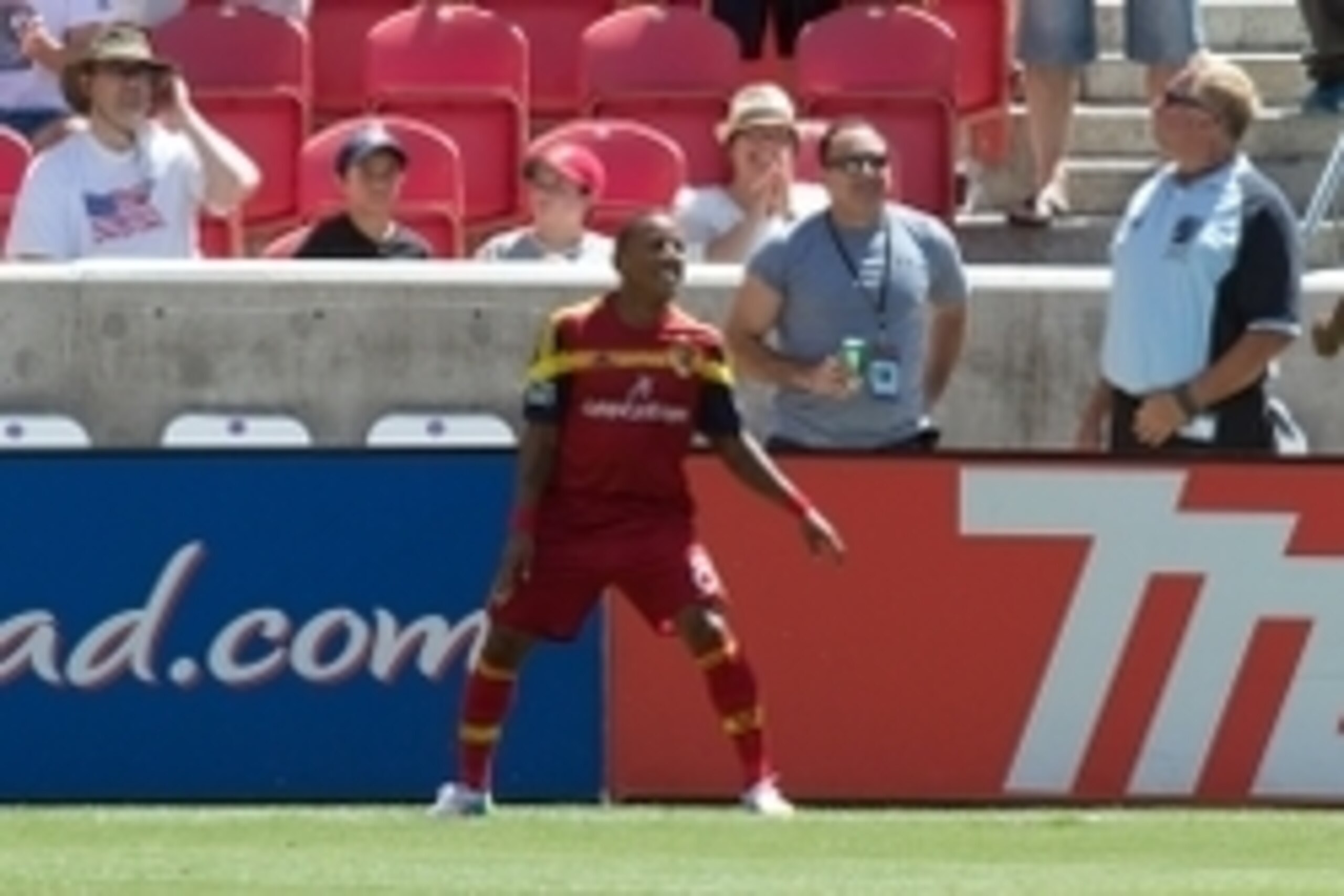 Aug 16, 2014; Sandy, UT, USA; Real Salt Lake forward Joao Plata (8) reacts to scoring a goal during the second half against the Seattle Sounders FC at Rio Tinto Stadium. Real Salt Lake won 2-1. Mandatory Credit: Russ Isabella-USA TODAY Sports
