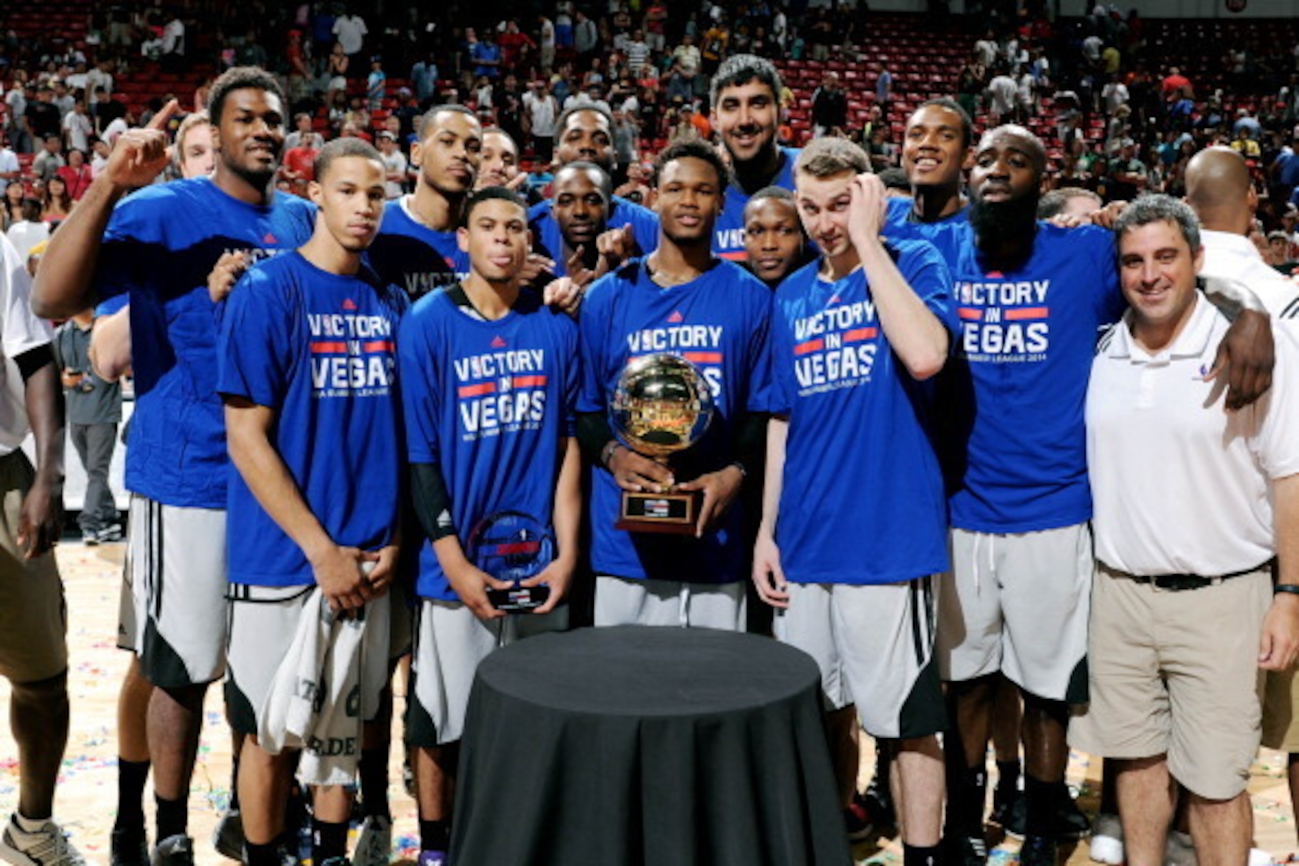 LAS VEGAS, NV - JULY 21: The Sacramento Kings pose for a picture after winning against the Houston Rockets during the Samsung NBA Summer League 2014 on July 21, 2014 at the Thomas & Mack Center in Las Vegas, Nevada. NOTE TO USER: User expressly acknowledg