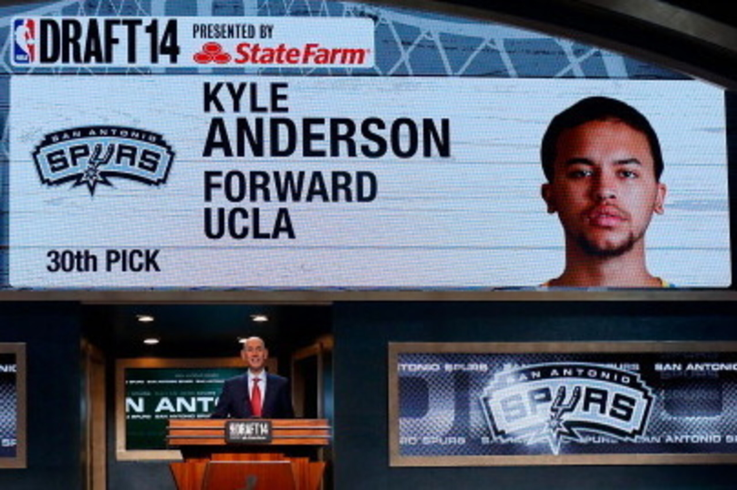NEW YORK, NY - JUNE 26:  A video screen shows the selection of Kyle Anderson of UCLA as the #30 overall pick in the first round by the San Antonio Spurs during the 2014 NBA Draft at Barclays Center on June 26, 2014 in the Brooklyn borough of New York City