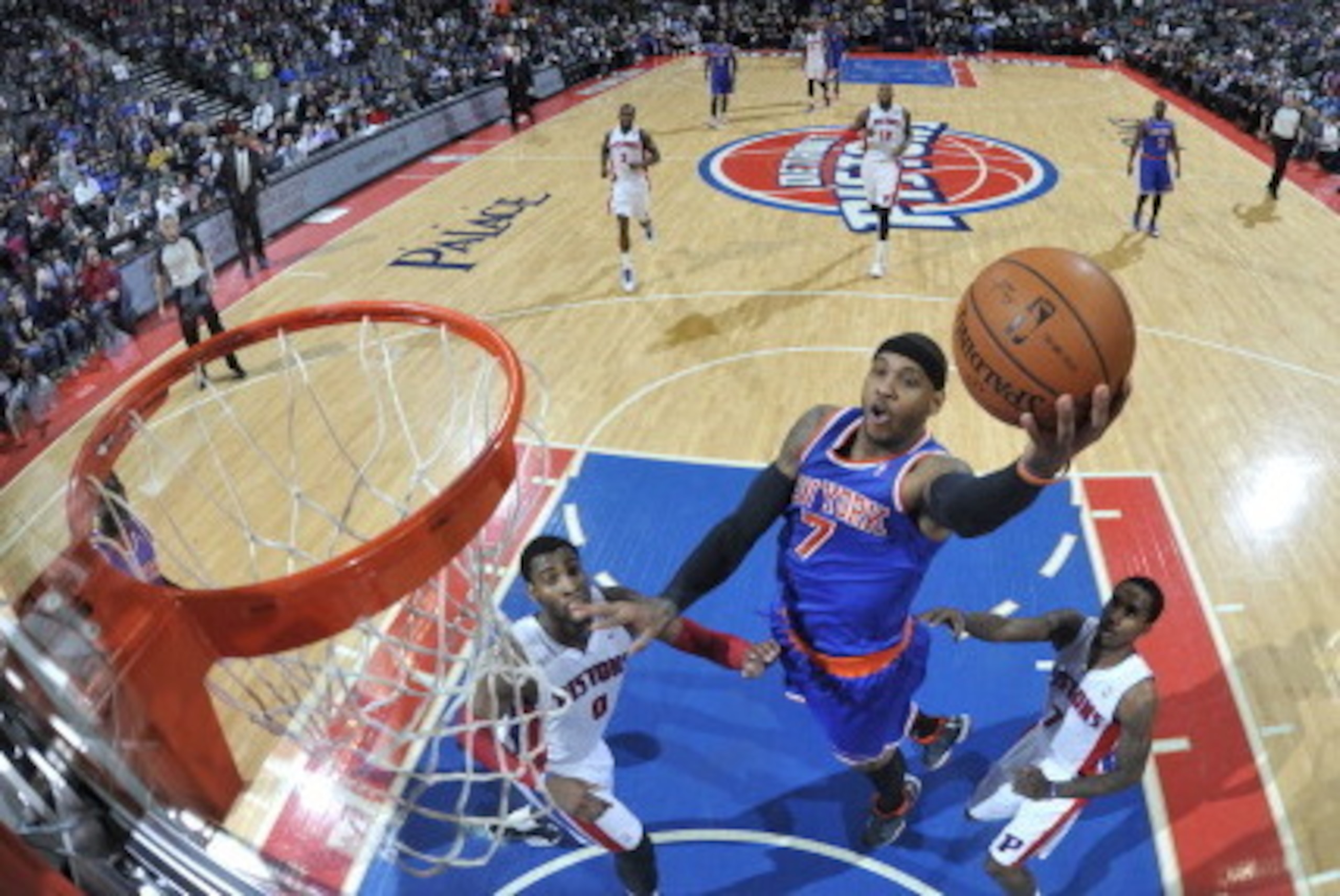 AUBURN HILLS, MI - MARCH 3: Carmelo Anthony #7 of the New York Knicks goes up for a shot during a game against the Detroit Pistons on March 3, 2014 at The Palace of Auburn Hills in Auburn Hills, Michigan. NOTE TO USER: User expressly acknowledges and agre