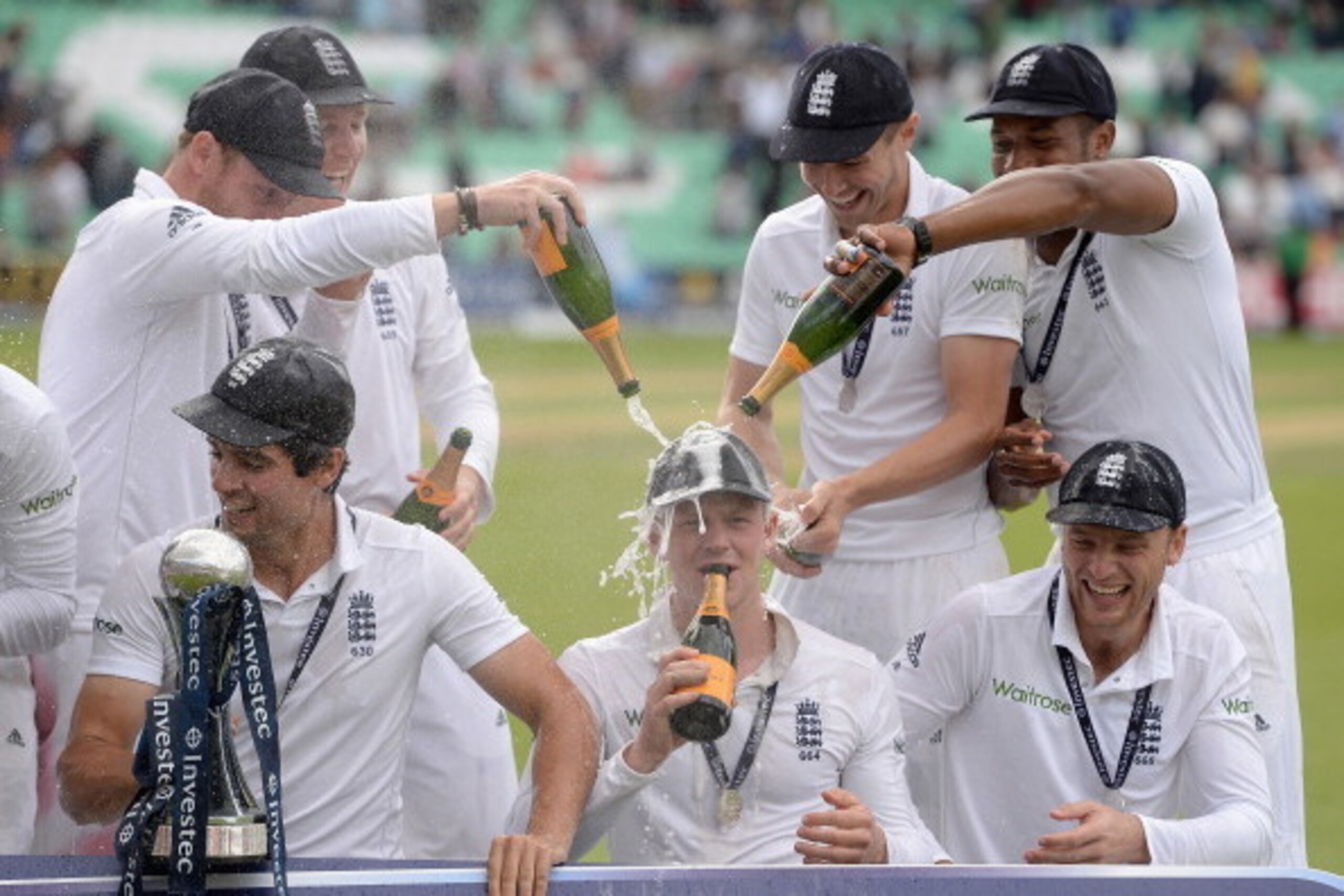 LONDON, ENGLAND - AUGUST 17: Sam Robson of England is cover with champagne after winning the 5th Investec Test match between England and India at The Kia Oval on August 17, 2014 in London, England. (Photo by Gareth Copley/Getty Images) LONDON, ENGLAND - AUGUST 17: Sam Robson of England is cover with champagne after winning the 5th Investec Test match between England and India at The Kia Oval on August 17, 2014 in London, England. (Photo by Gareth Copley/Getty Images)