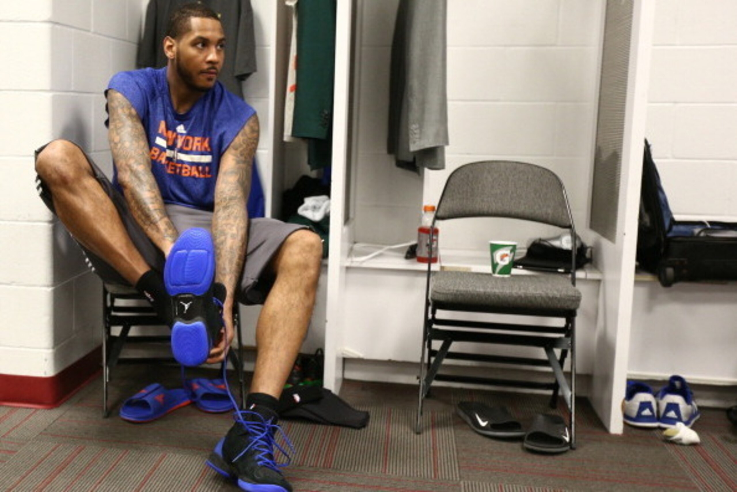 MIAMI, FL - APRIL 6: Carmelo Anthony #7 of the New York Knicks prepares before the game against the Miami Heat on April 6, 2014 at American Airlines Arena in Miami. NOTE TO USER: User expressly acknowledges and agrees that, by downloading and or using thi