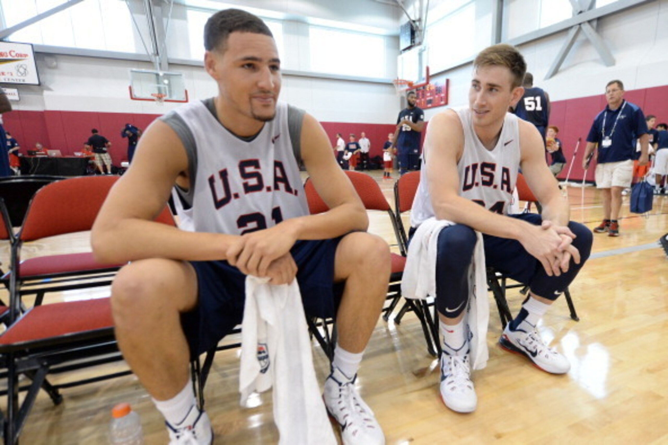 LAS VEGAS, NV - JULY 29: Klay Thompson #21 and Gordon Hayward #39 of the USA Basketball Men's National Team converse during practice at the Mendenhall Center at the University of Nevada, Las Vegas on July 29, 2014 in Las Vegas, Nevada. NOTE TO USER: User 