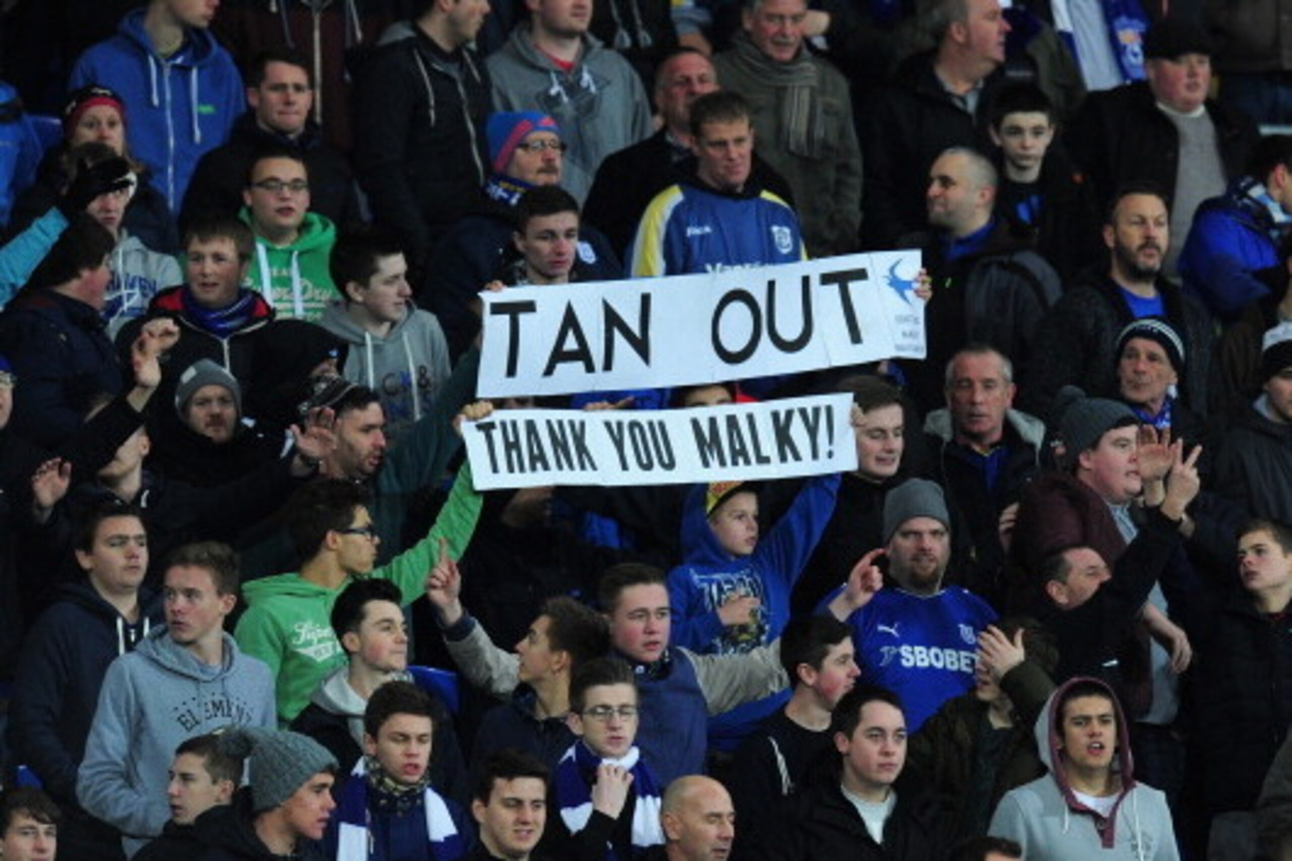 CARDIFF, WALES - DECEMBER 28:  Cardiff fans show their support for former manager Malky MacKay during the Barclays Premier League match between Cardiff City and Sunderland at Cardiff City Stadium on December 28, 2013 in Cardiff, Wales.  (Photo by Stu Fors