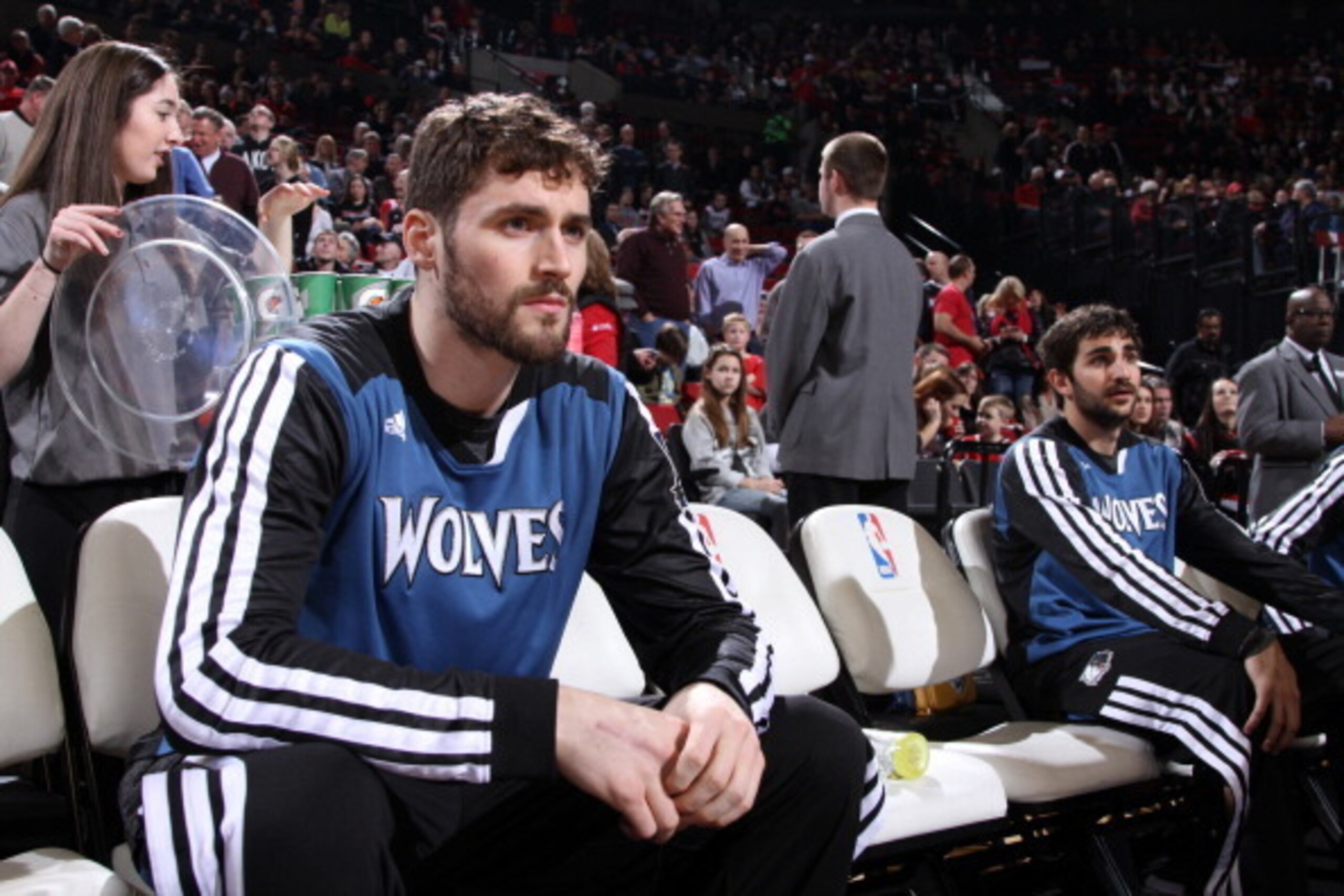PORTLAND, OR - FEBRUARY 23:  Kevin Love #42 and Ricky Rubio #9 of the Minnesota Timberwolves sit on the bench during the game against the Portland Trail Blazers on February 23, 2014 at the Moda Center Arena in Portland, Oregon. NOTE TO USER: User expressl