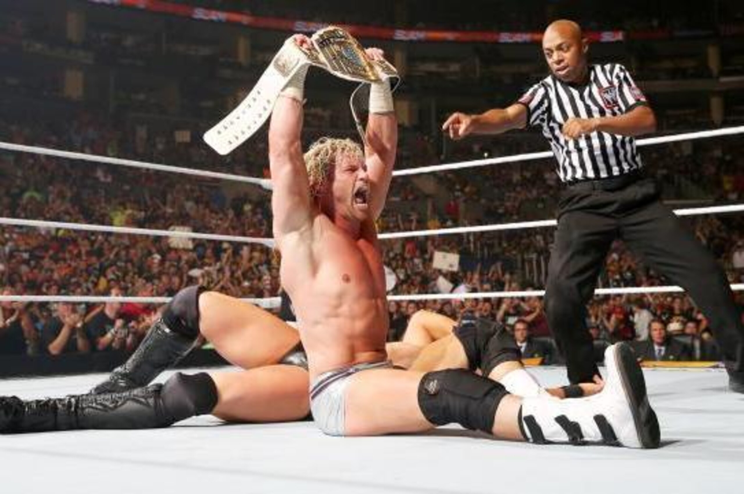 Dolph Ziggler celebrates his SummerSlam win.