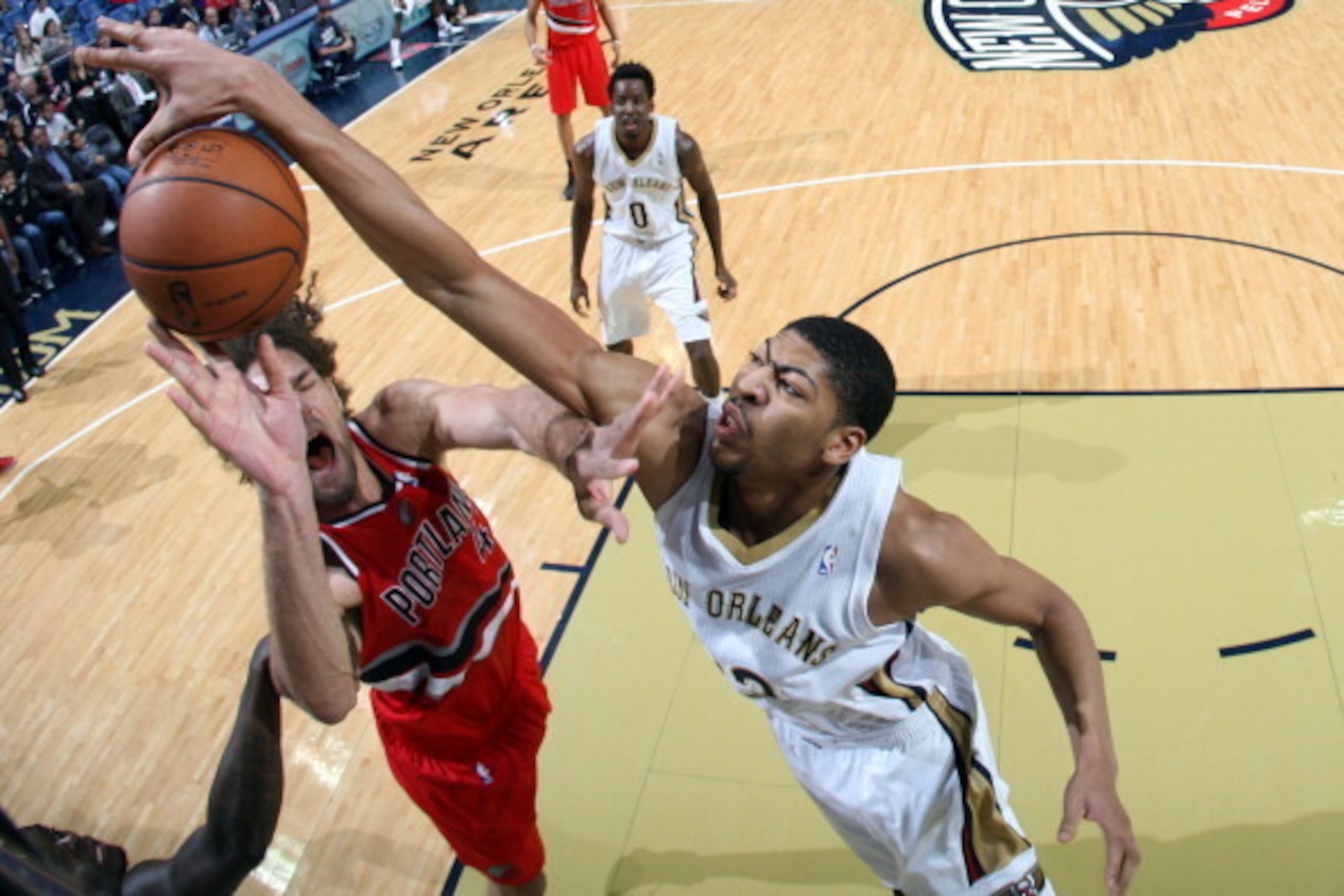 NEW ORLEANS, LA - DECEMBER 30: Anthony Davis #23 of the New Orleans Pelicans blocks a shot against the Portland Trail Blazers on December 30, 2013 at the New Orleans Arena in New Orleans, Louisiana. NOTE TO USER: User expressly acknowledges and agrees tha
