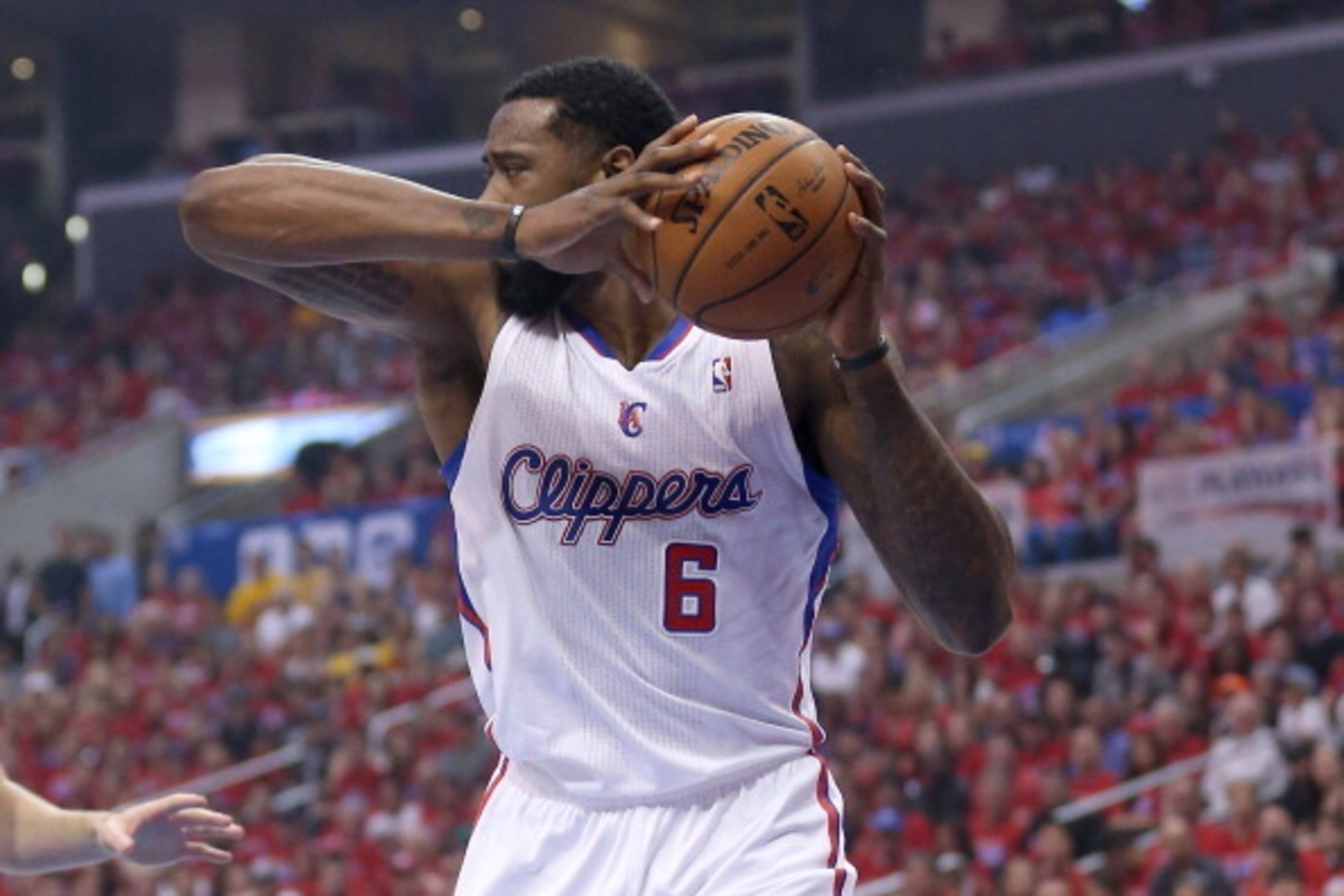 LOS ANGELES, CA - MAY 03:  DeAndre Jordan #6 of the Los Angeles Clippers controls a rebound against the Golden State Warriors in Game Seven of the Western Conference Quarterfinals during the 2014 NBA Playoffs at Staples Center on May 3, 2014 in Los Angele