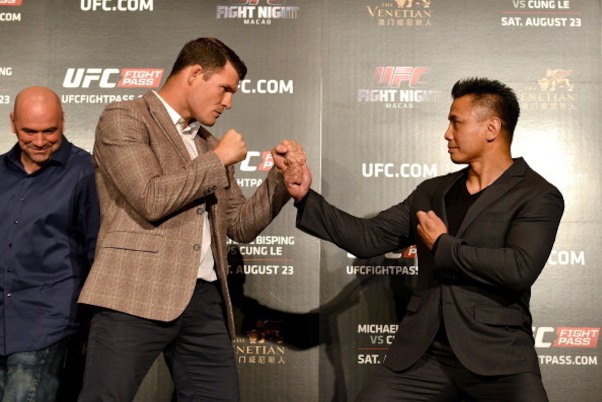 HONG KONG - JUNE 24: Michael Bisping (L) with his opponent Cung Le (R) during the Macao UFC Fight Night Press Conference at the Four Season Hotel on June 24, 2014 in Hong Kong, Hong Kong.  (Photo by Jayne Russell/Getty Images)