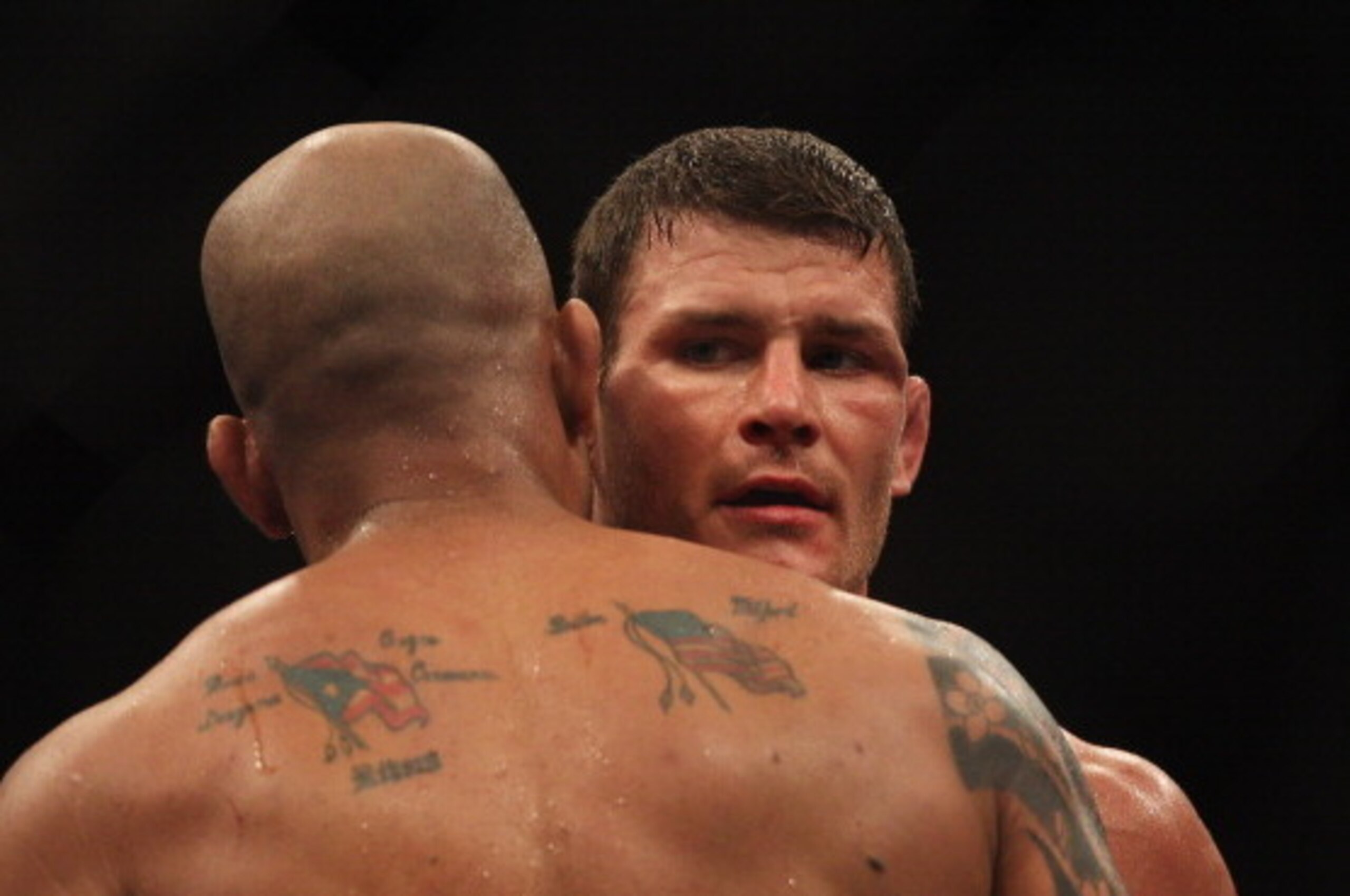 SYDNEY, AUSTRALIA - FEBRUARY 27:  Michael Bisping of Great Britain speaks to Jorge Rivera of the USA after winning their middleweight bout part of at UFC 127 at Acer Arena on February 27, 2011 in Sydney, Australia.  (Photo by Mark Kolbe/Getty Images)