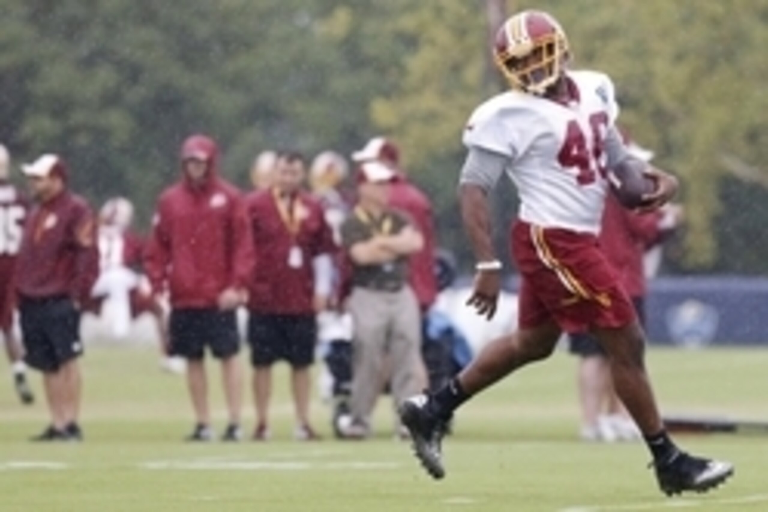 Jul 24, 2014; Richmond, VA, USA; Washington Redskins running back Alfred Morris (46) carries the ball during practice on day one of training camp at Bon Secours Washington Redskins Training Center. Mandatory Credit: Geoff Burke-USA TODAY Sports