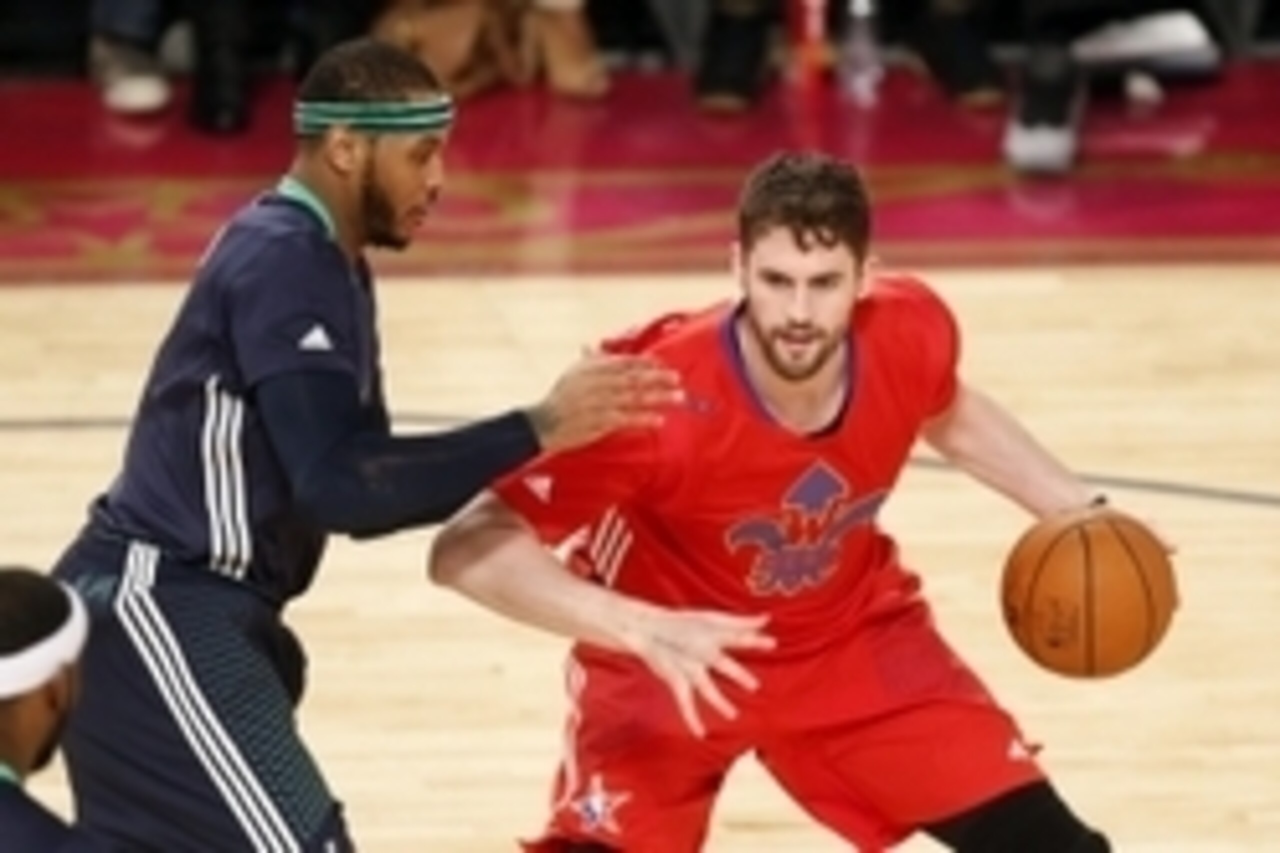 Feb 16, 2014; New Orleans, LA, USA; Western Conference forward Kevin Love (42) of the Minnesota Timberwolves handles the ball against Eastern Conference forward Carmelo Anthony (7) of the New York Knicks during the 2014 NBA All-Star Game at the Smoothie K Feb 16, 2014; New Orleans, LA, USA; Western Conference forward Kevin Love (42) of the Minnesota Timberwolves handles the ball against Eastern Conference forward Carmelo Anthony (7) of the New York Knicks during the 2014 NBA All-Star Game at the Smoothie K