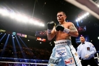 May 3, 2014; Las Vegas, NV, USA; Marcos Maidana against Floyd Mayweather Jr. (not pictured) during their fight at the MGM Grand. Mandatory Credit: Mark J. Rebilas-USA TODAY Sports