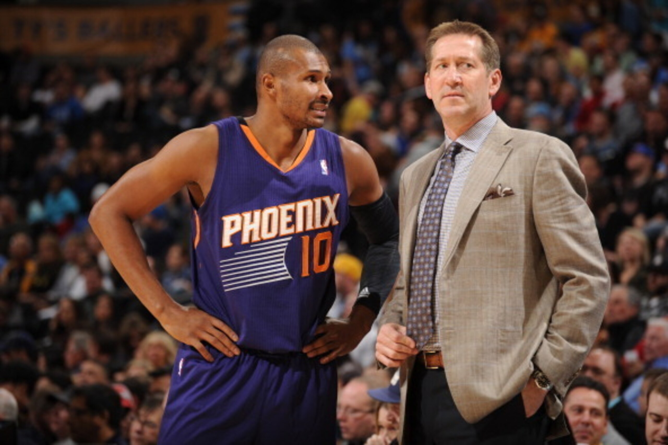 DENVER, CO - February 18: Jeff Hornacek of the Phoenix Suns talks with Leandro Barbosa #10 during the game against the Denver Nuggets on February 18, 2014 at the Pepsi Center in Denver, Colorado. NOTE TO USER: User expressly acknowledges and agrees that, 