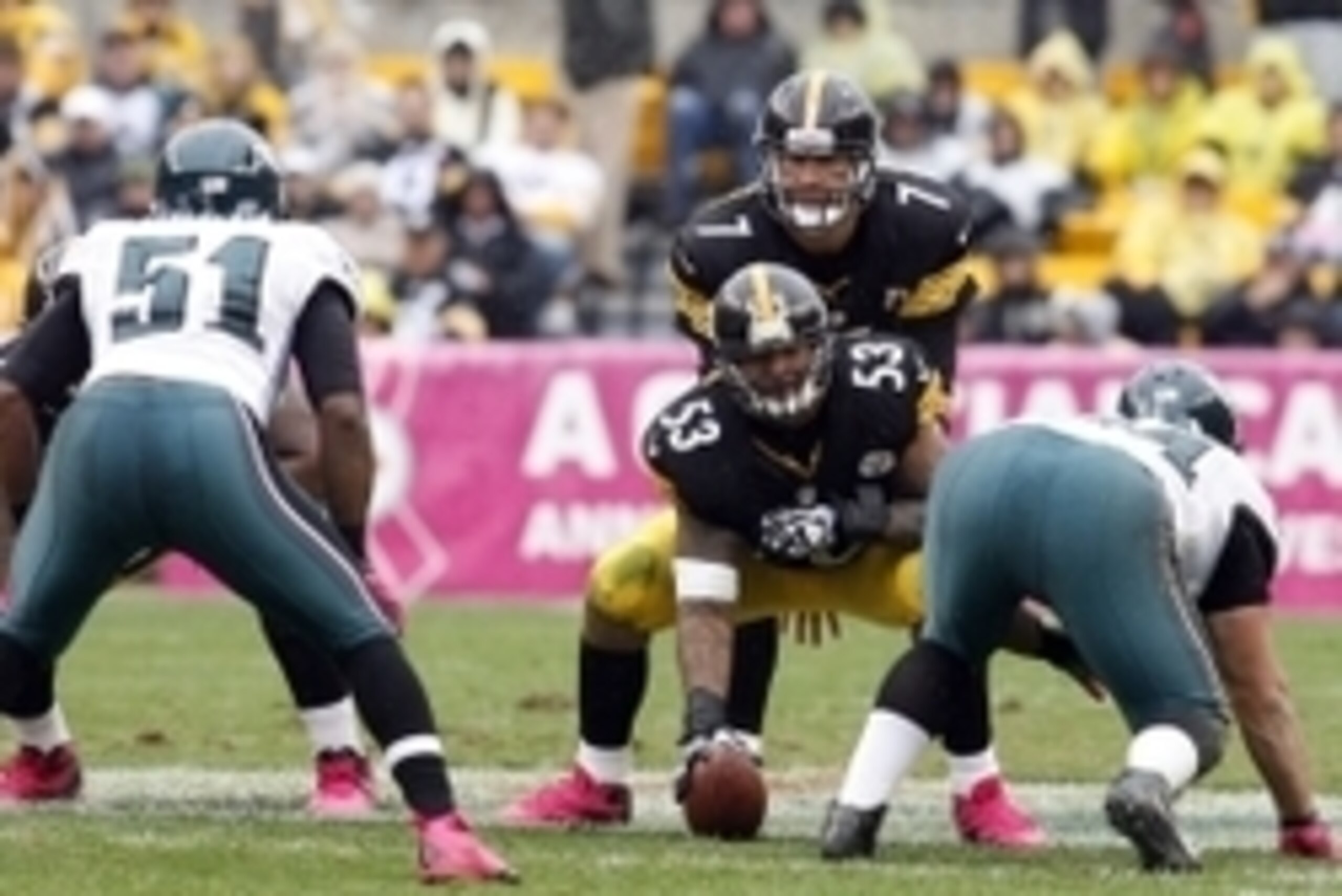 October 7, 2012; Pittsburgh, PA, USA; Pittsburgh Steelers quarterback Ben Roethlisberger (7) waits for the snap from center Maurkice Pouncey (53) against the Philadelphia Eagles during the third quarter at Heinz Field. The Pittsburgh Steelers won 16-14. M