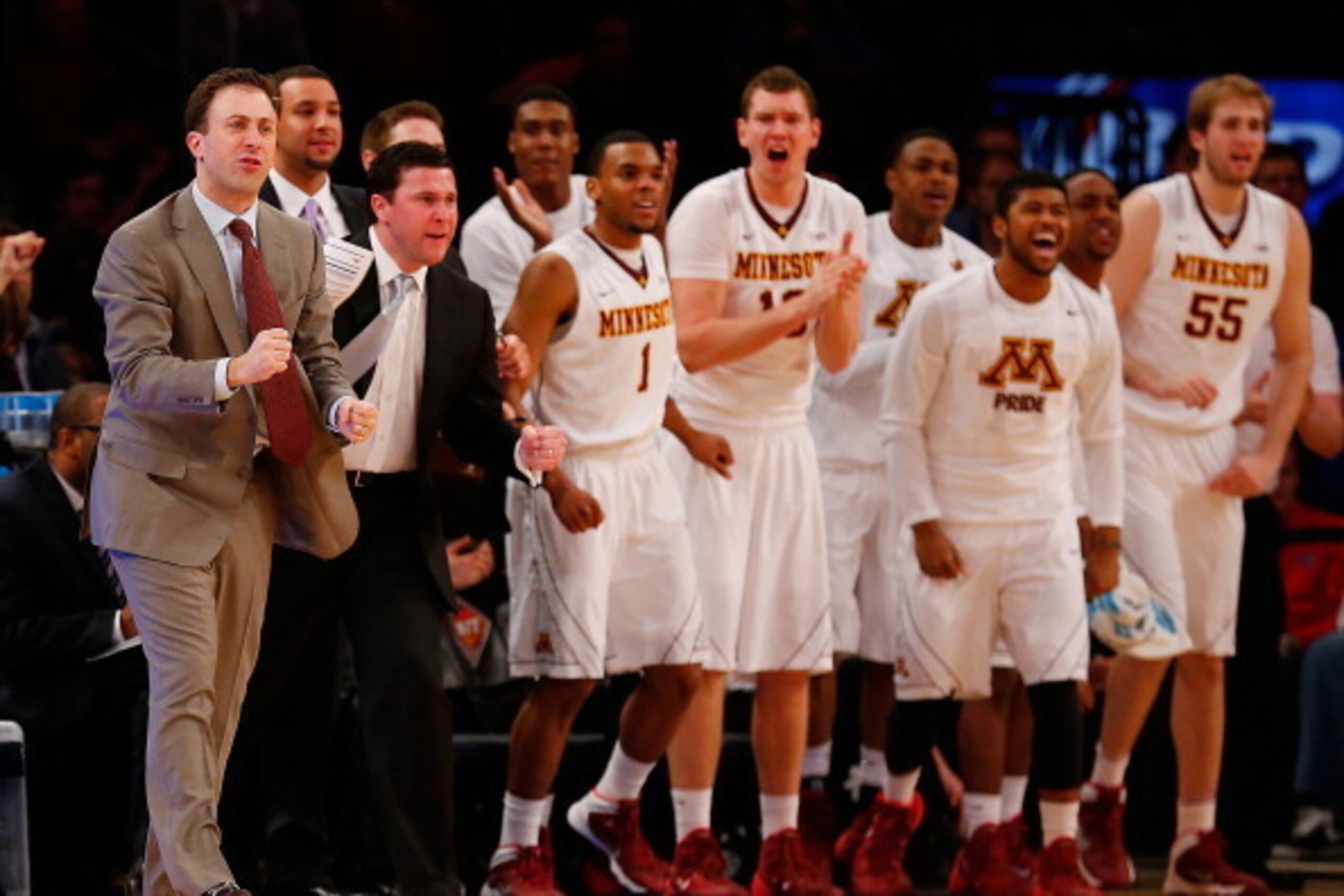 NEW YORK, NY - APRIL 03: Head Coach Richard Pitino of the Minnesota Golden Gophers celebrates from the bench against the Southern Methodist Mustangs during 2014 NIT Championship at Madison Square Garden on April 3, 2014 in New York City. (Photo by Mike NEW YORK, NY - APRIL 03: Head Coach Richard Pitino of the Minnesota Golden Gophers celebrates from the bench against the Southern Methodist Mustangs during 2014 NIT Championship at Madison Square Garden on April 3, 2014 in New York City. (Photo by Mike